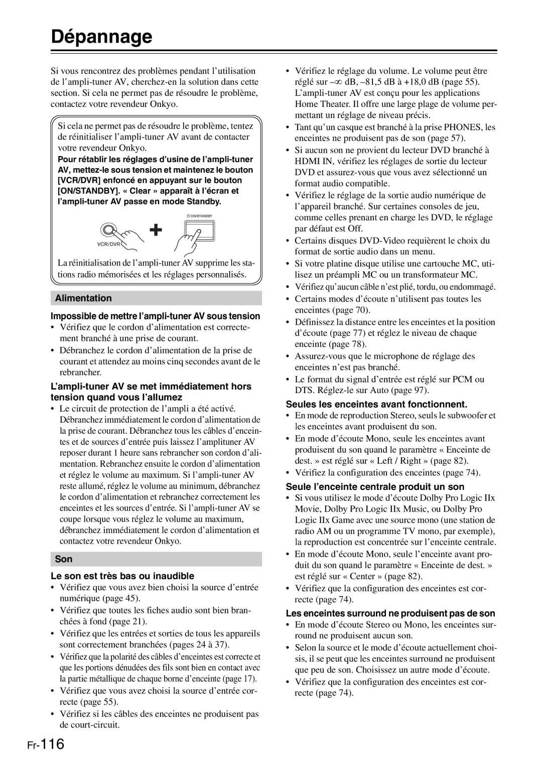 Onkyo AV Reciever manual Dépannage, Son Le son est très bas ou inaudible, Seules les enceintes avant fonctionnent 