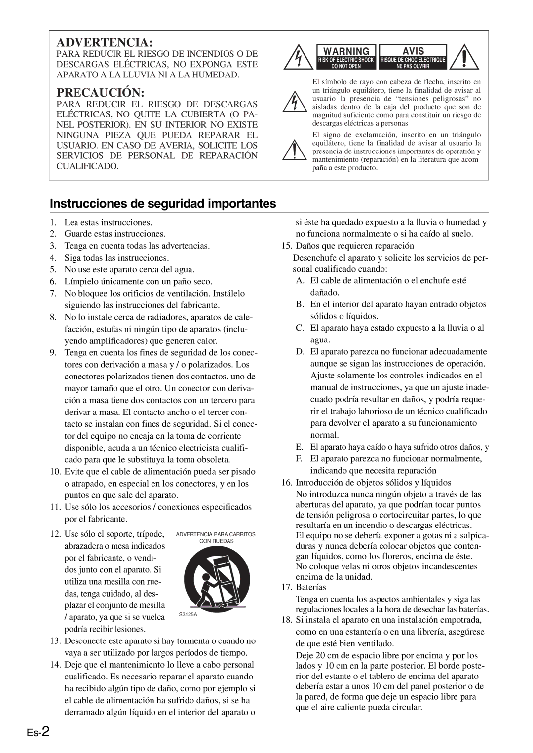 Onkyo AV Reciever manual Advertencia, Instrucciones de seguridad importantes 