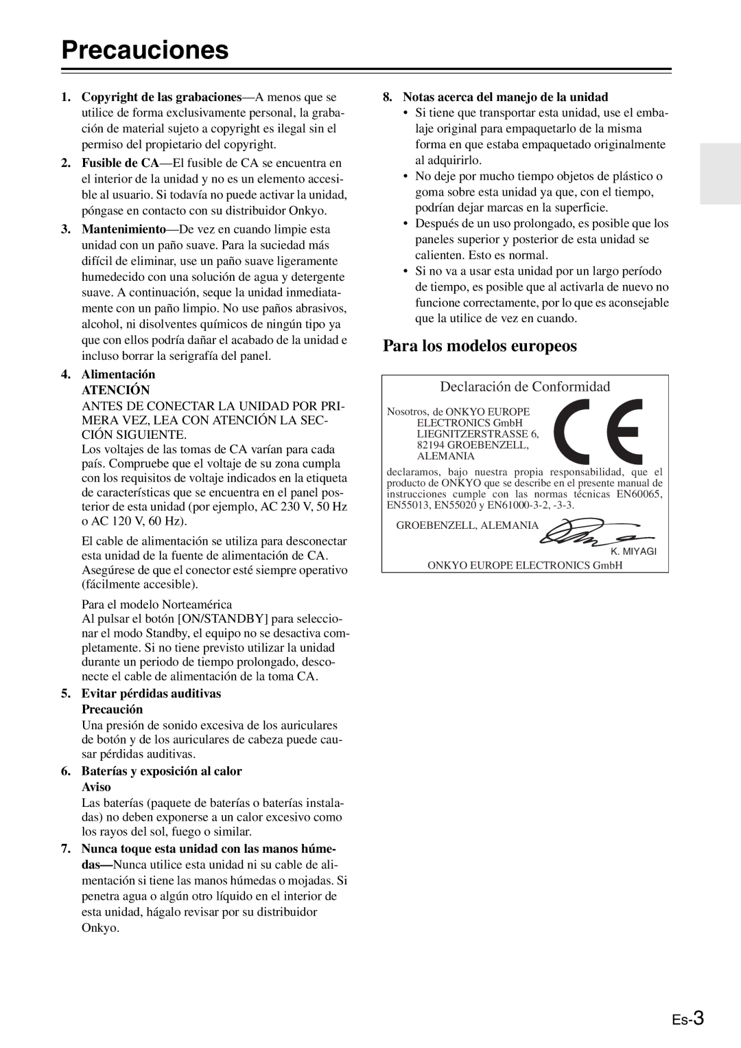 Onkyo AV Reciever Precauciones, Alimentación, Evitar pérdidas auditivas Precaución, Baterías y exposición al calor Aviso 