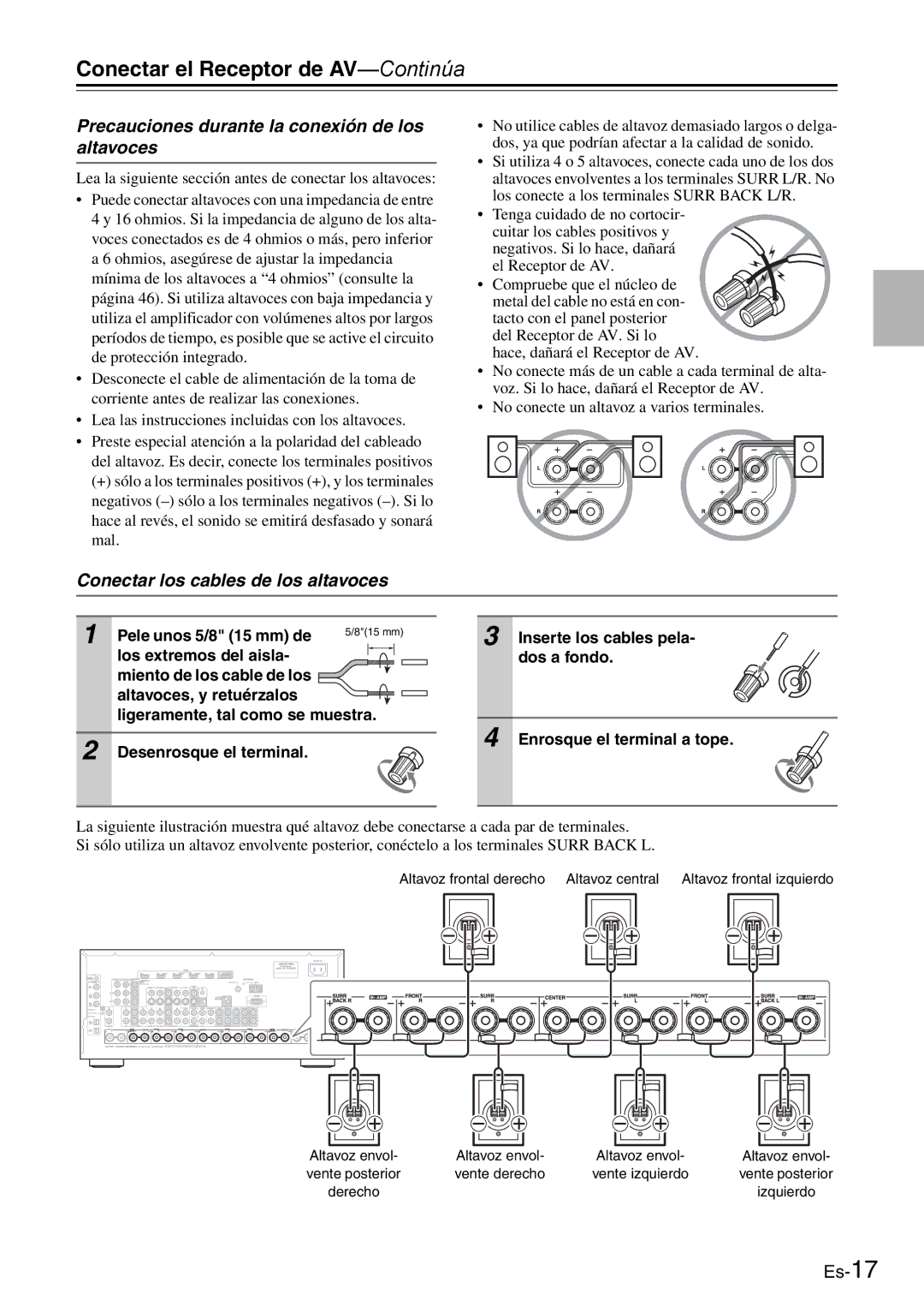 Onkyo AV Reciever manual Conectar el Receptor de AV-Continúa, Precauciones durante la conexión de los altavoces 