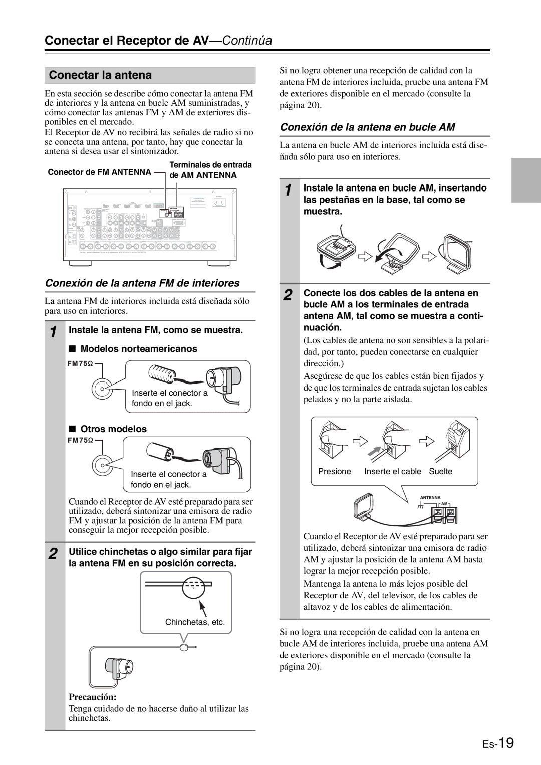 Onkyo AV Reciever manual Conectar la antena, Conexión de la antena en bucle AM, Conexión de la antena FM de interiores 