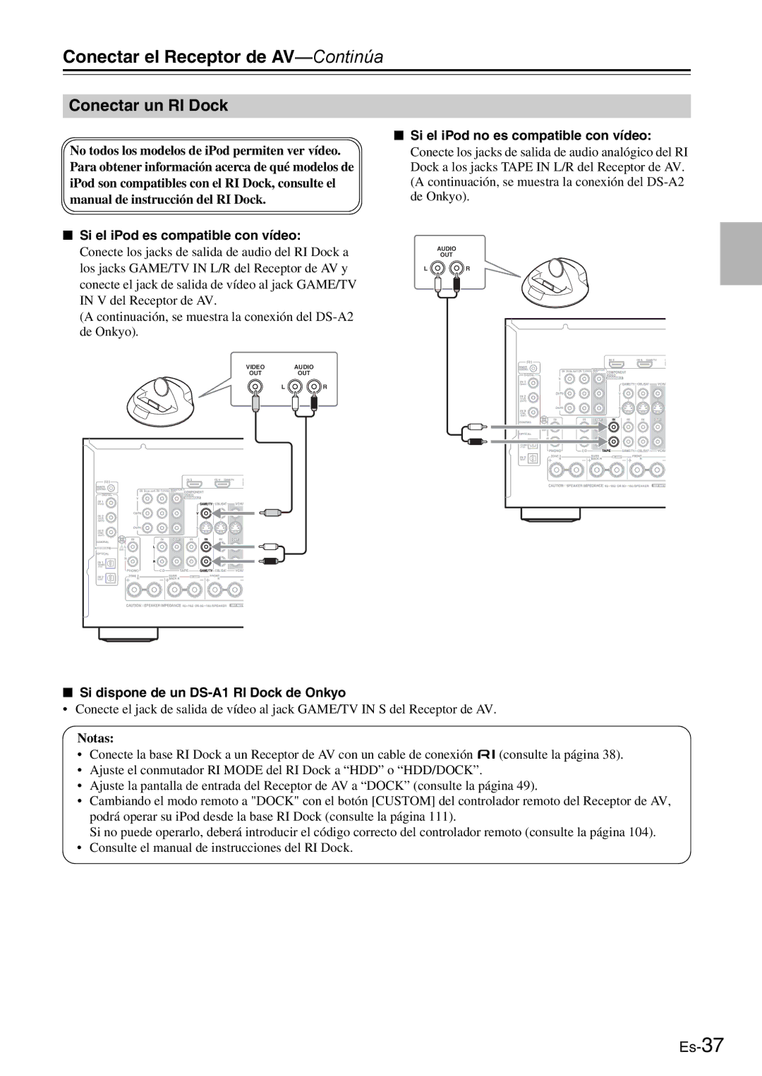 Onkyo AV Reciever manual Conectar un RI Dock, Si el iPod es compatible con vídeo, Si el iPod no es compatible con vídeo 