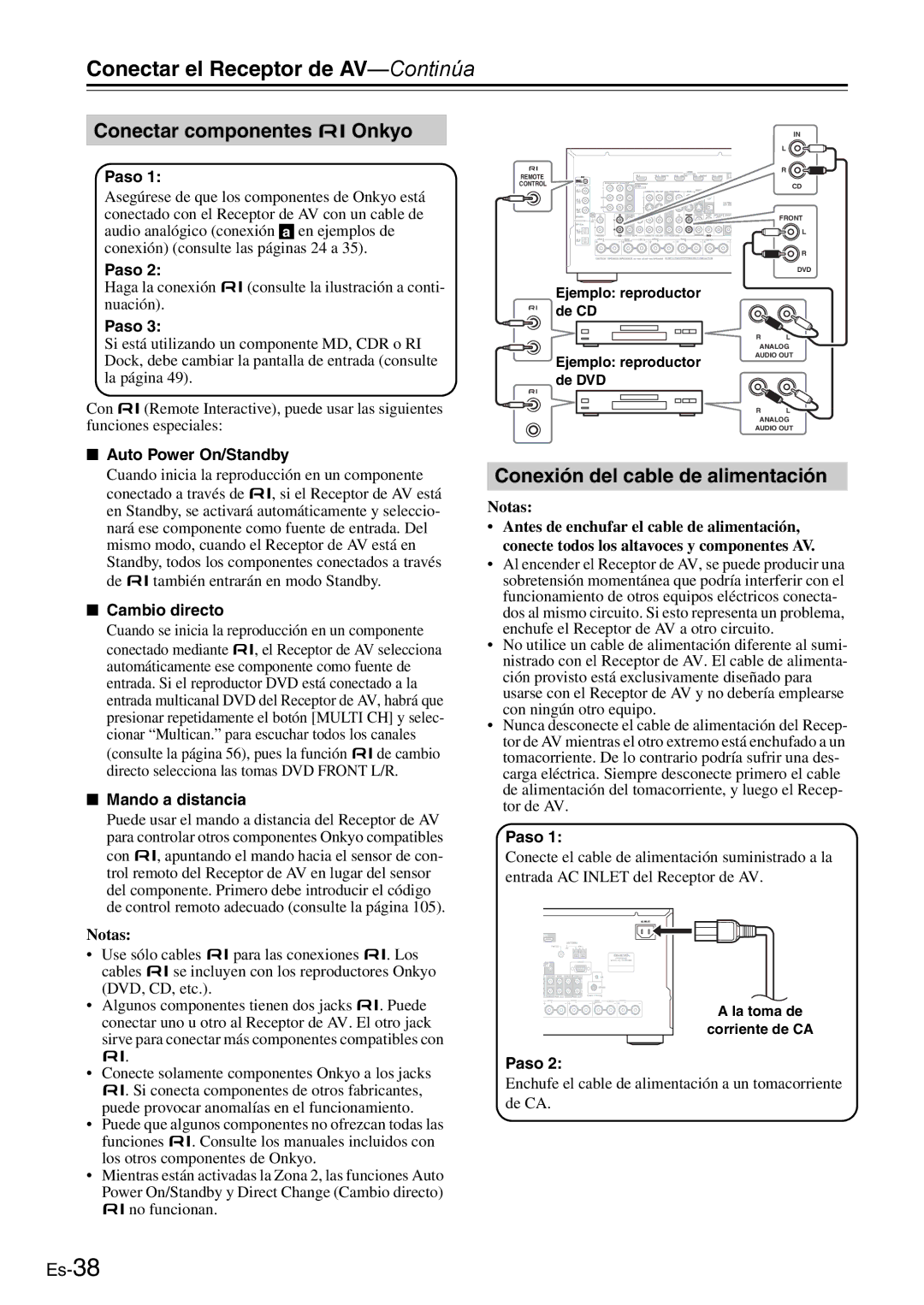 Onkyo AV Reciever Conectar componentes u Onkyo, Conexión del cable de alimentación, Auto Power On/Standby, Cambio directo 