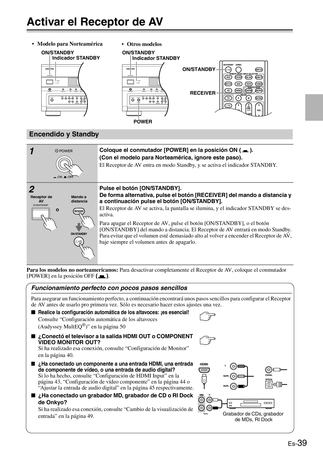 Onkyo AV Reciever manual Activar el Receptor de AV, Encendido y Standby, Funcionamiento perfecto con pocos pasos sencillos 