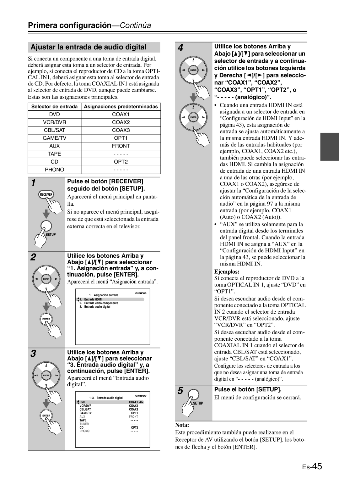 Onkyo AV Reciever Ajustar la entrada de audio digital, Entrada audio digital y, a, Nar COAX1, COAX2, COAX3, OPT1, OPT2, o 