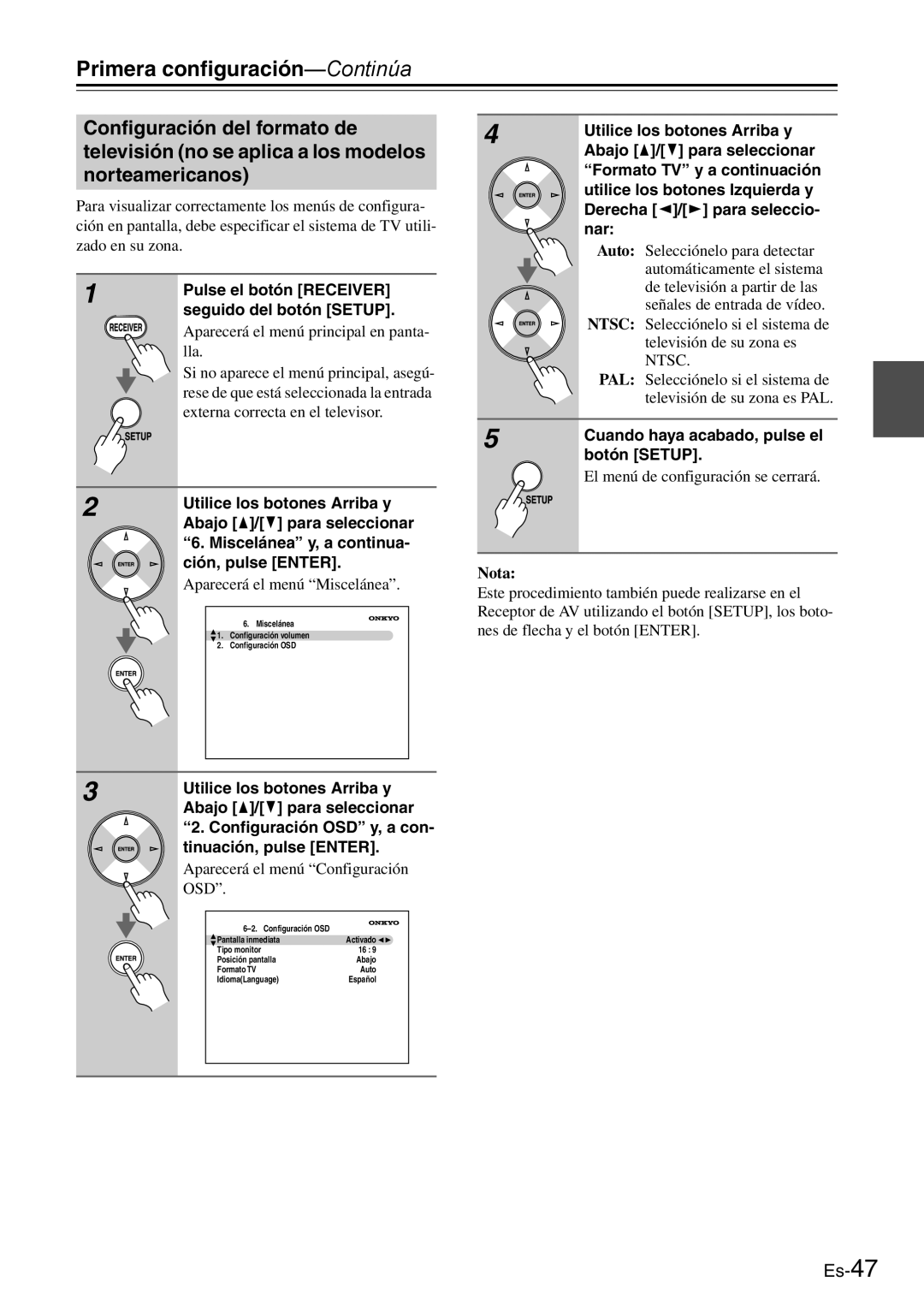 Onkyo AV Reciever manual Miscelánea y, a continua, Configuración OSD y, a con, Formato TV y a continuación 