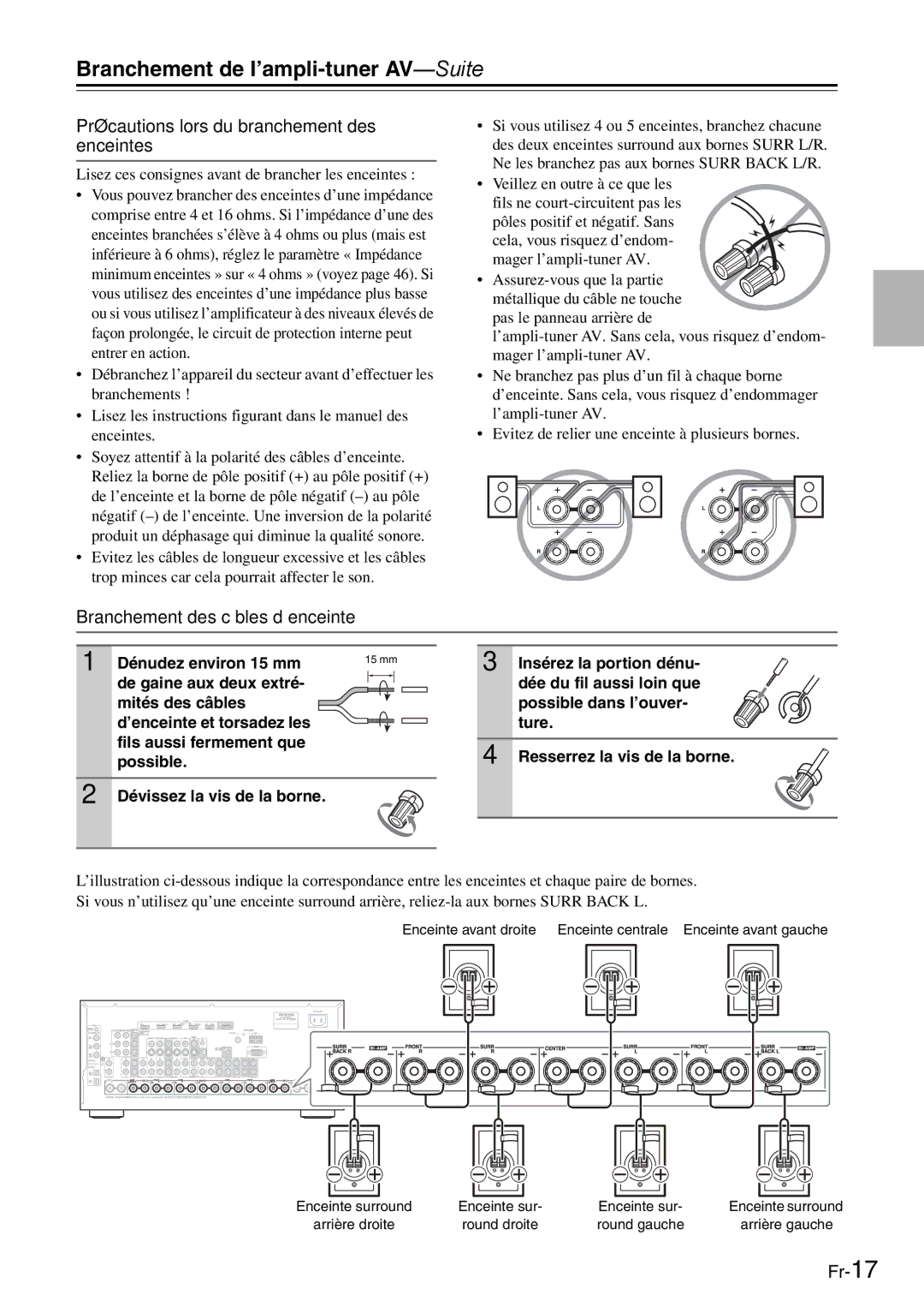 Onkyo AV Reciever manual Branchement de l’ampli-tunerAV-Suite, Précautions lors du branchement des enceintes 