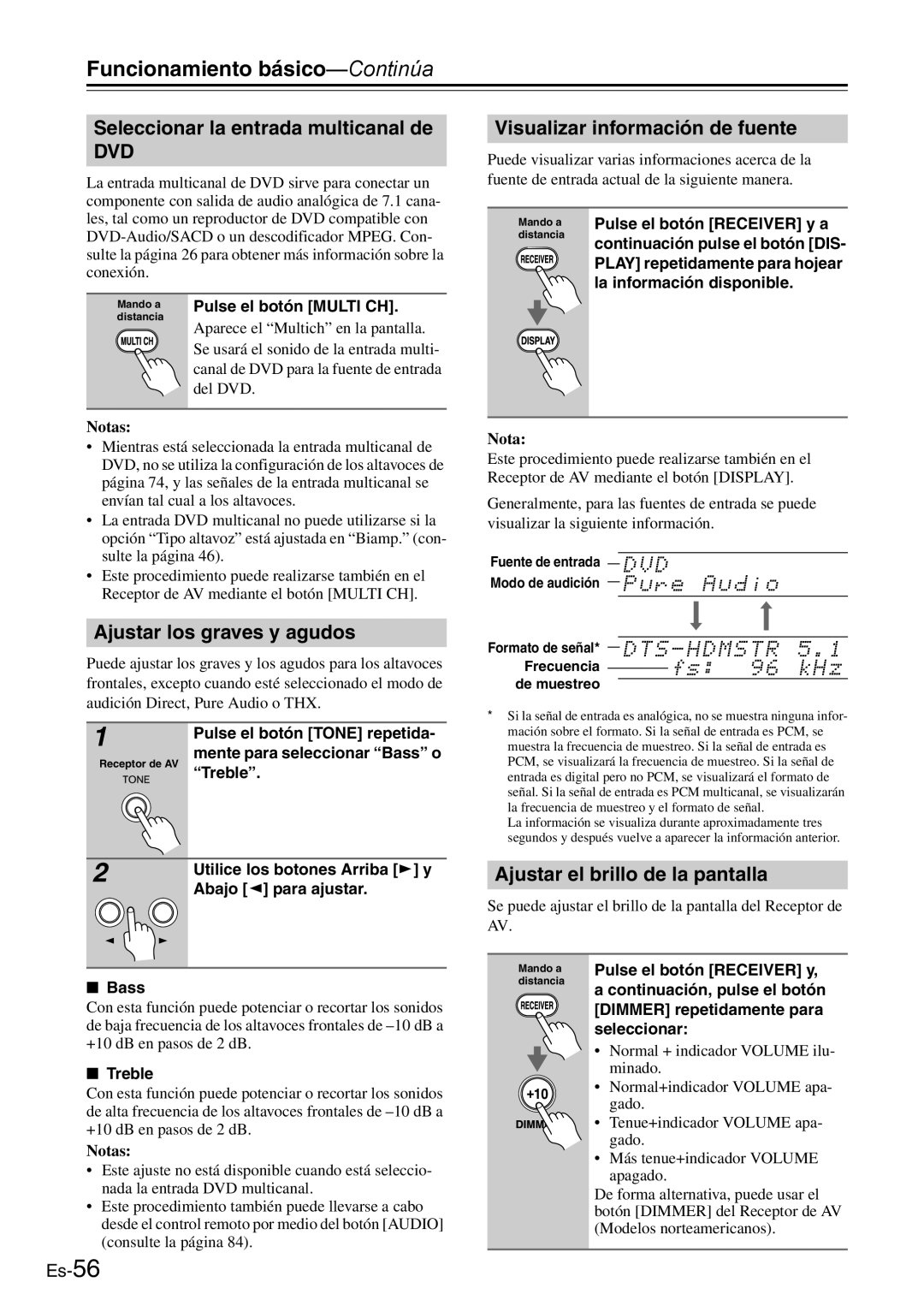 Onkyo AV Reciever manual Funcionamiento básico-Continúa, Seleccionar la entrada multicanal de, Ajustar los graves y agudos 