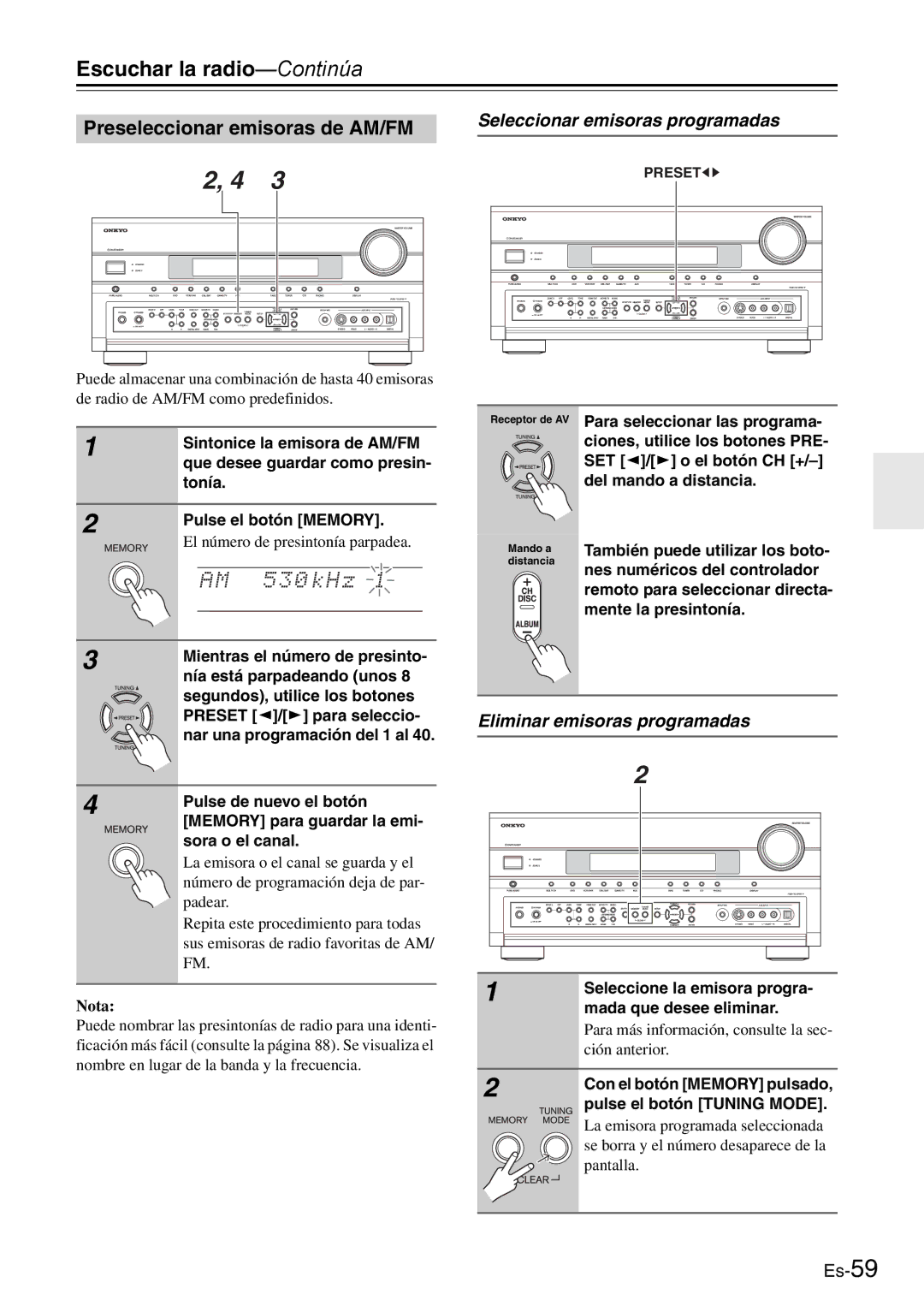 Onkyo AV Reciever manual Escuchar la radio-Continúa, Preseleccionar emisoras de AM/FM, Seleccionar emisoras programadas 