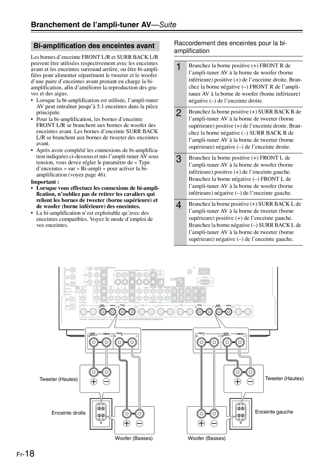 Onkyo AV Reciever manual Bi-amplification des enceintes avant, Raccordement des enceintes pour la bi- amplification 