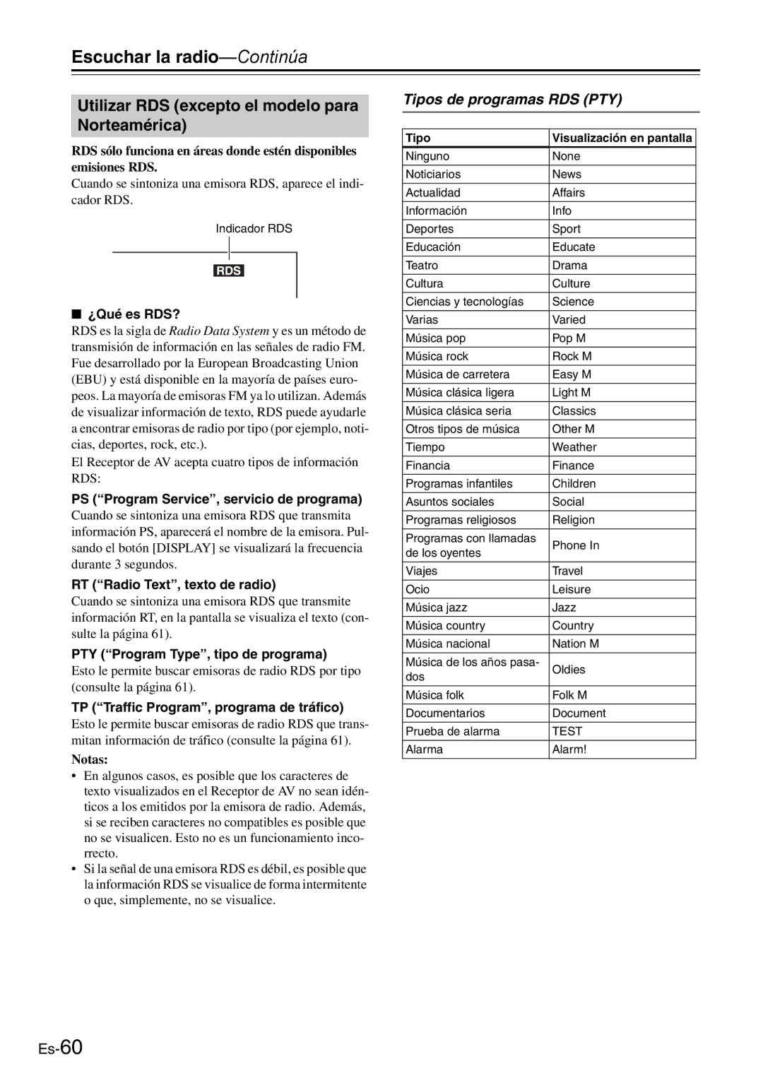 Onkyo AV Reciever manual Utilizar RDS excepto el modelo para Norteamérica, Tipos de programas RDS PTY 