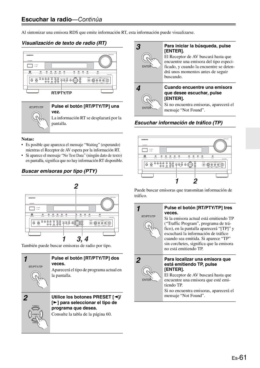 Onkyo AV Reciever Visualización de texto de radio RT, Escuchar información de tráfico TP, Buscar emisoras por tipo PTY 