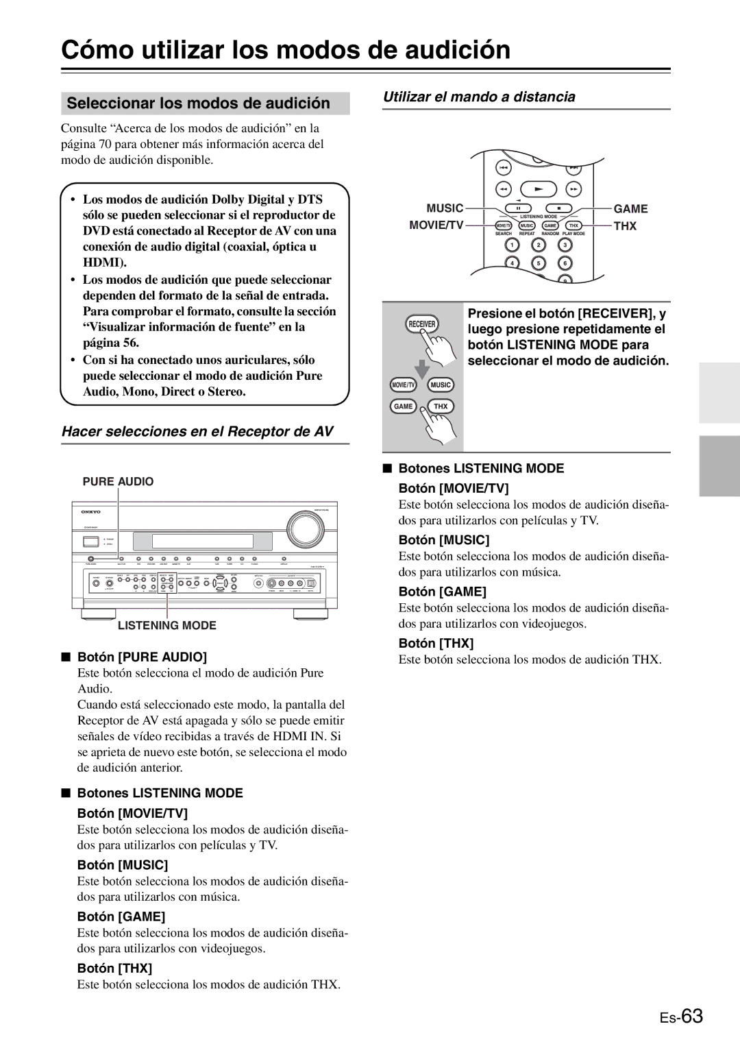 Onkyo AV Reciever Cómo utilizar los modos de audición, Seleccionar los modos de audición, Utilizar el mando a distancia 