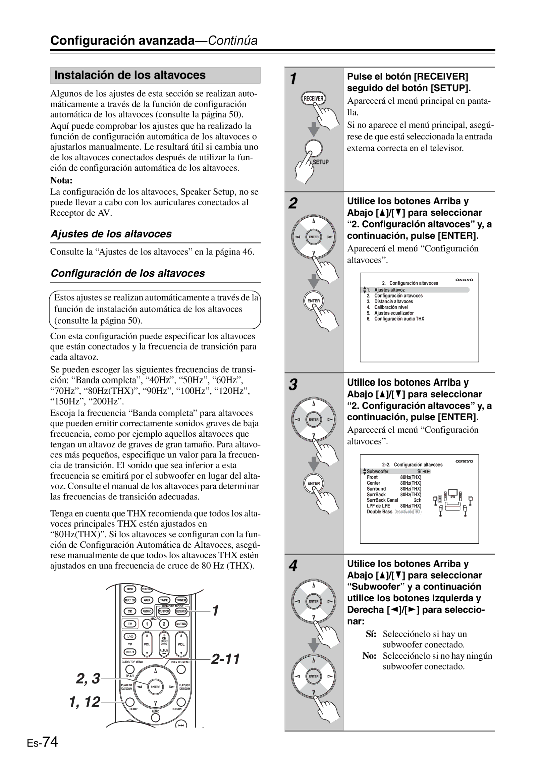 Onkyo AV Reciever manual Configuración avanzada-Continúa, Instalación de los altavoces, Ajustes de los altavoces 