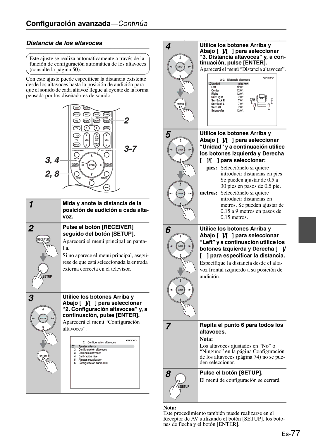 Onkyo AV Reciever manual Distancia de los altavoces 