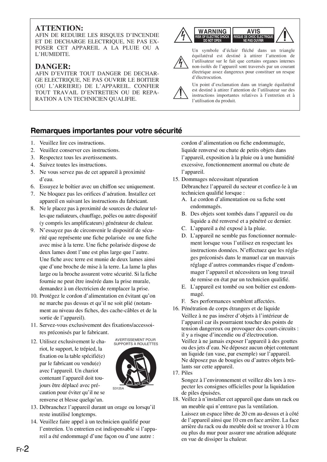 Onkyo AV Reciever manual Remarques importantes pour votre sécurité, Avis 