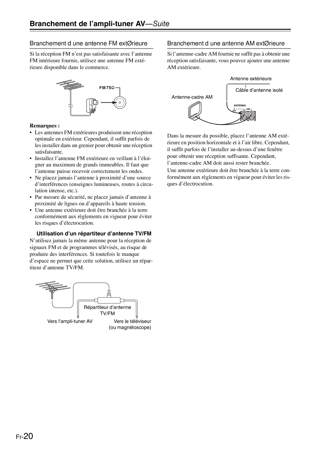 Onkyo AV Reciever manual Branchement d’une antenne FM extérieure, Branchement d’une antenne AM extérieure 