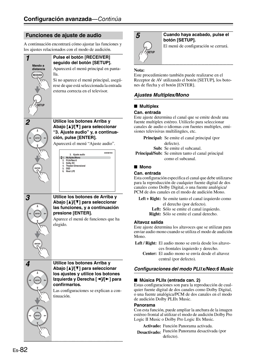 Onkyo AV Reciever manual Funciones de ajuste de audio, Ajustes Multiplex/Mono, Configuraciones del modo PLIIx/Neo6 Music 