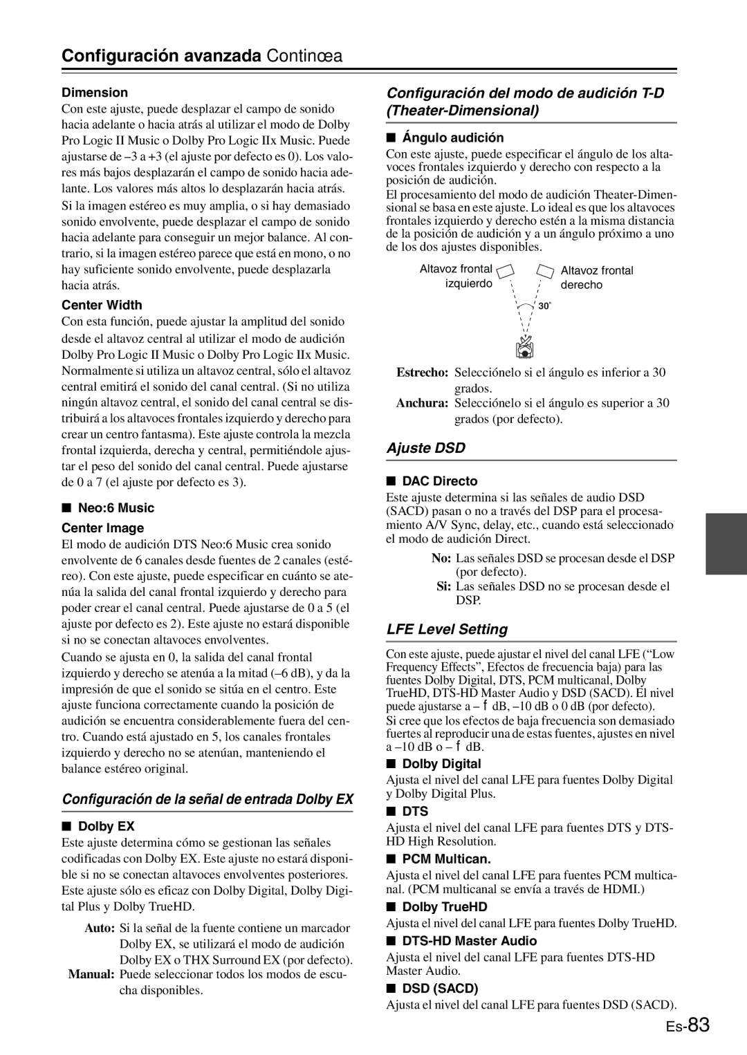 Onkyo AV Reciever manual Configuración de la señal de entrada Dolby EX, Ajuste DSD, DSD Sacd 