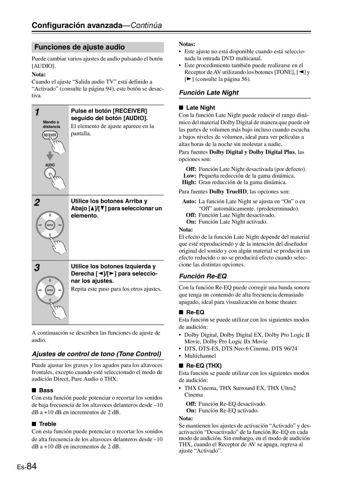 Onkyo AV Reciever Funciones de ajuste audio, Ajustes de control de tono Tone Control, Función Late Night, Función Re-EQ 