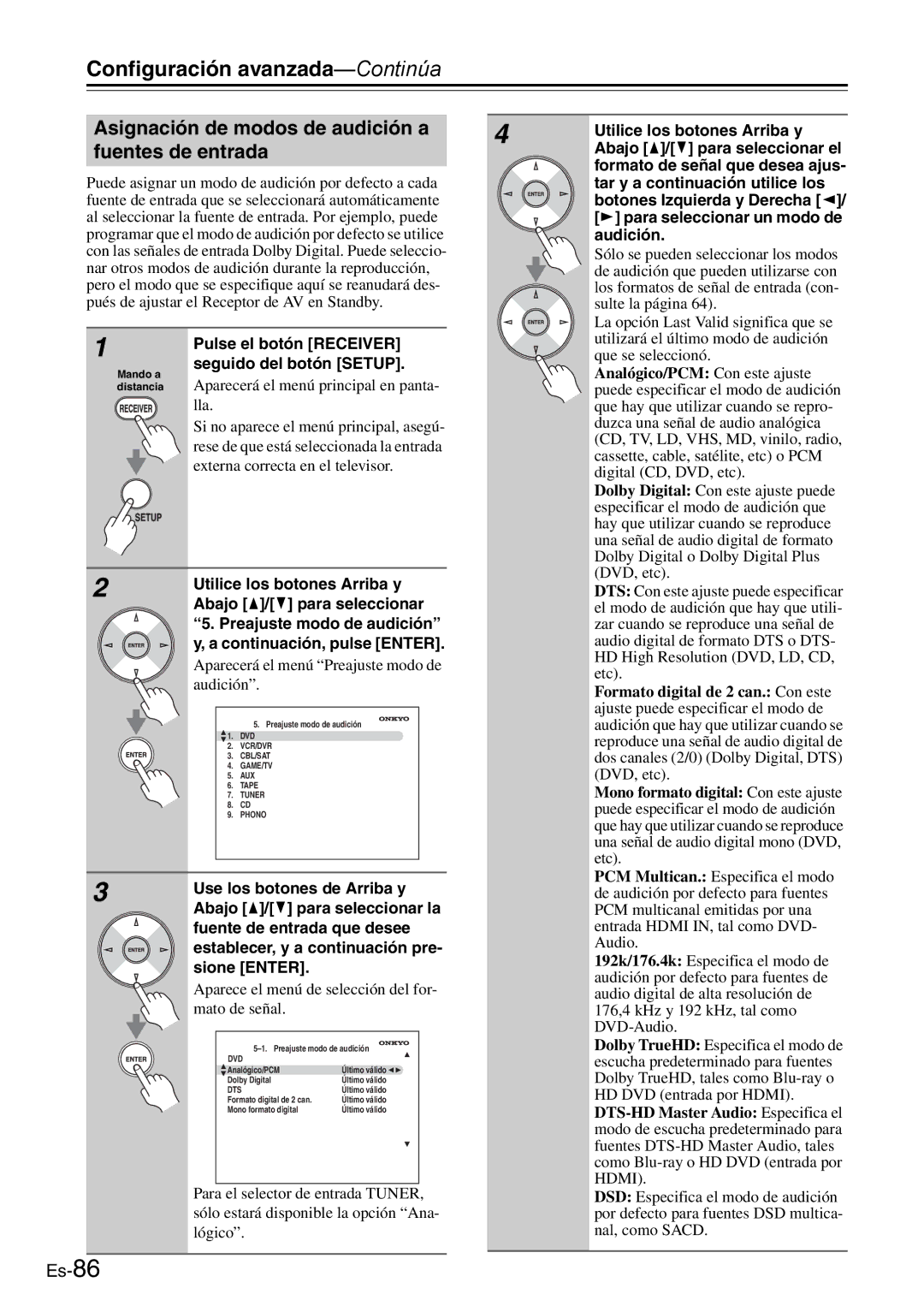 Onkyo AV Reciever manual Asignación de modos de audición a, Fuentes de entrada 