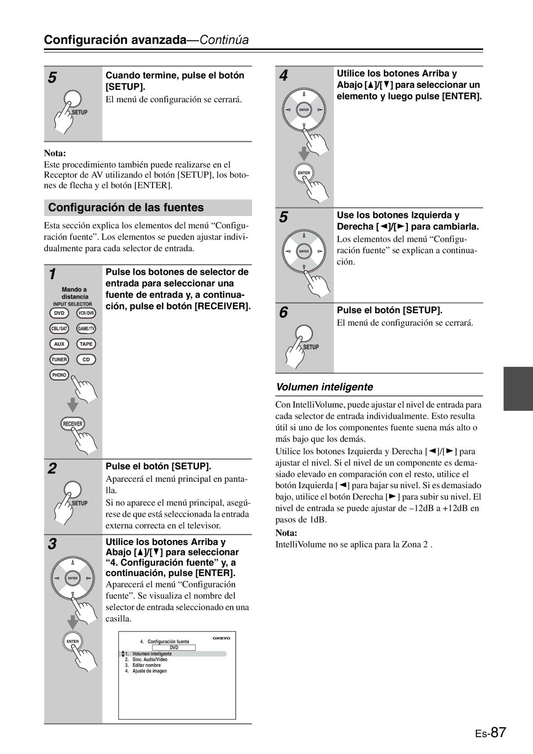 Onkyo AV Reciever manual Configuración de las fuentes, Volumen inteligente 