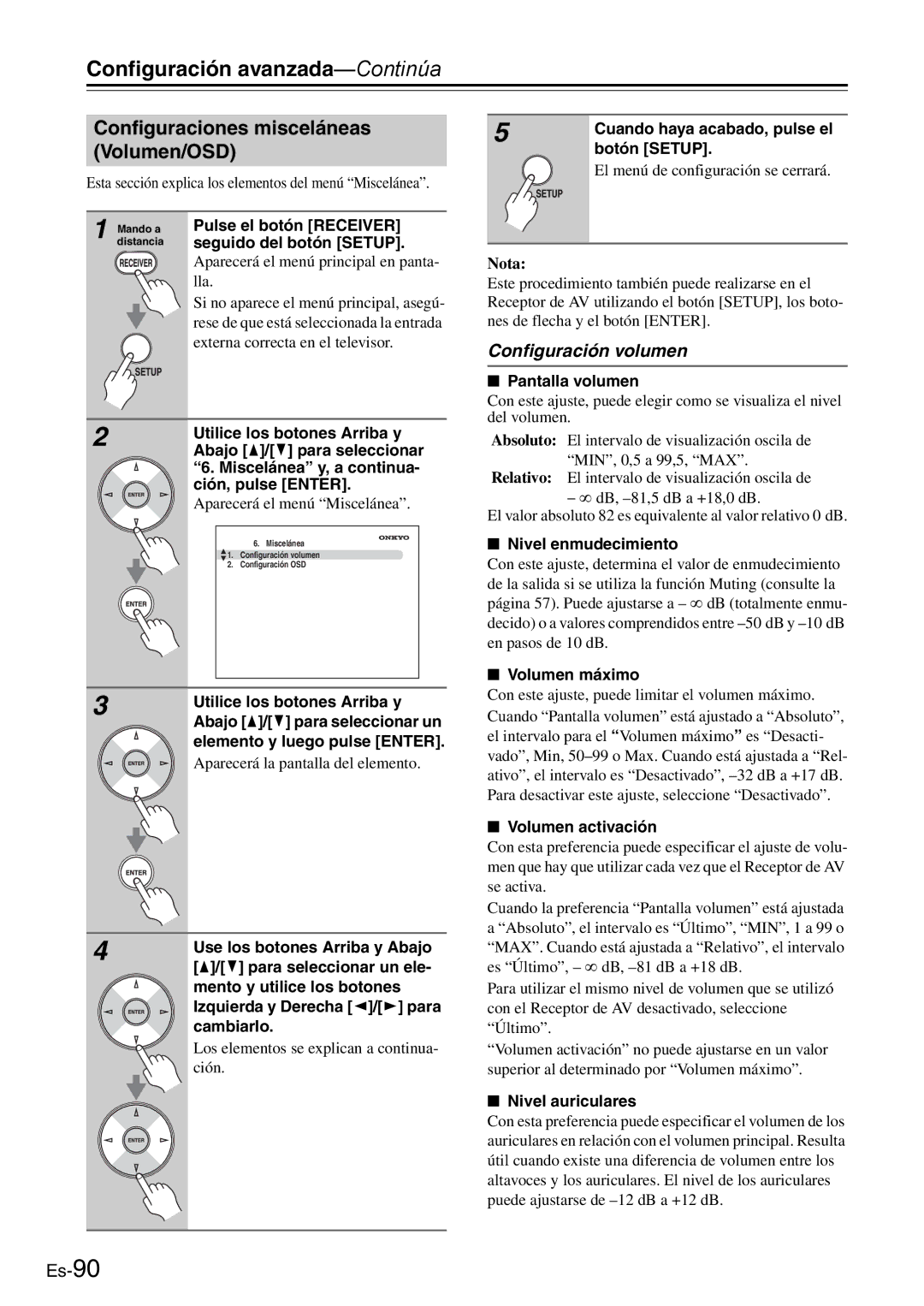 Onkyo AV Reciever manual Configuraciones misceláneas Volumen/OSD, Configuración volumen 