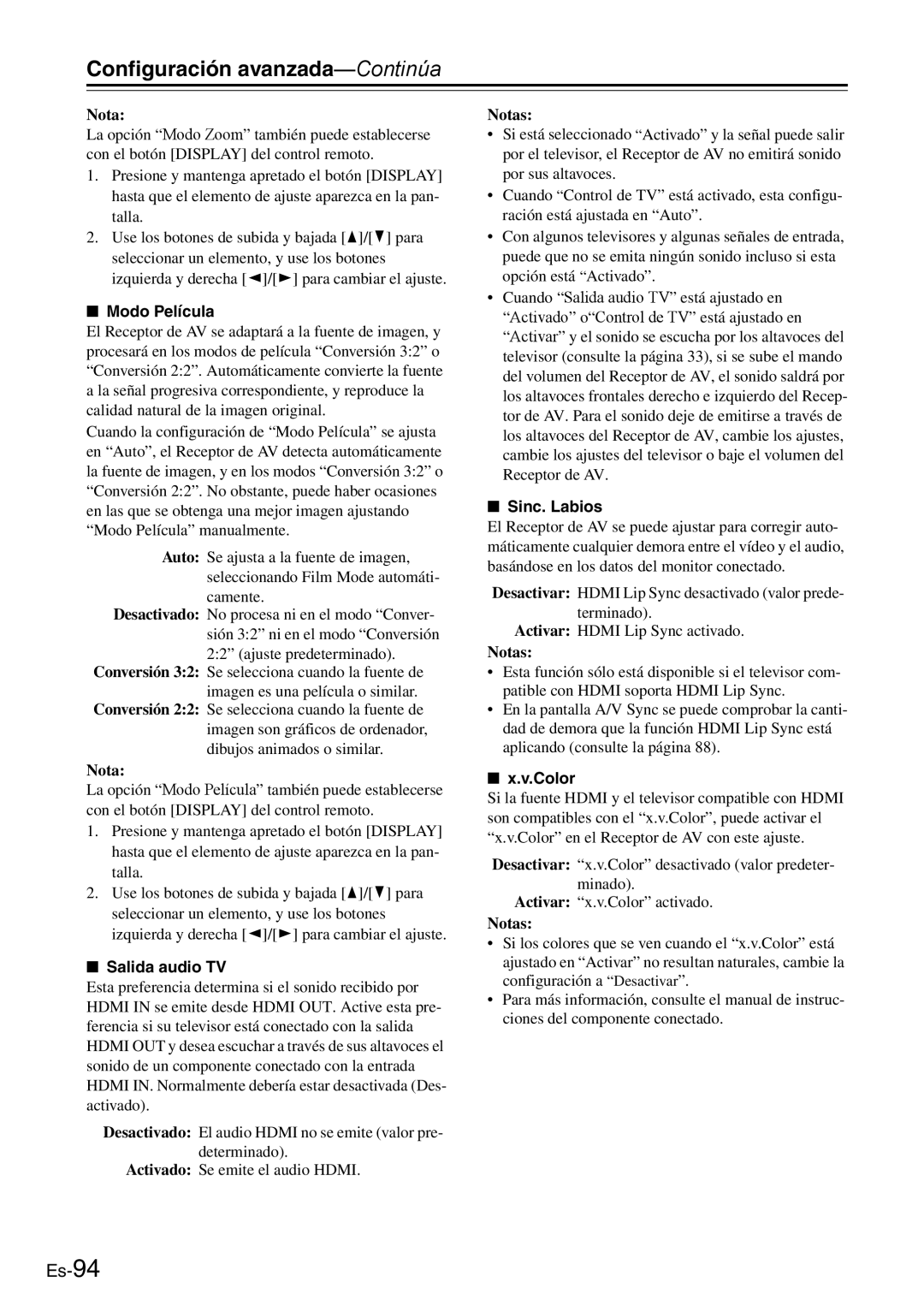 Onkyo AV Reciever manual Modo Película, Salida audio TV, Sinc. Labios 