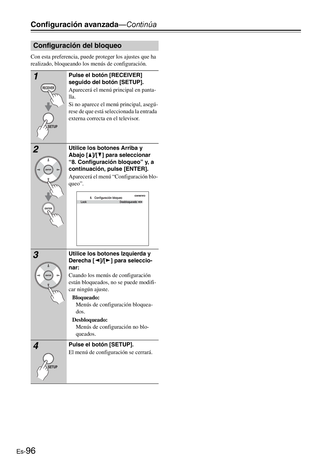 Onkyo AV Reciever manual Configuración del bloqueo, Bloqueado, Desbloqueado 