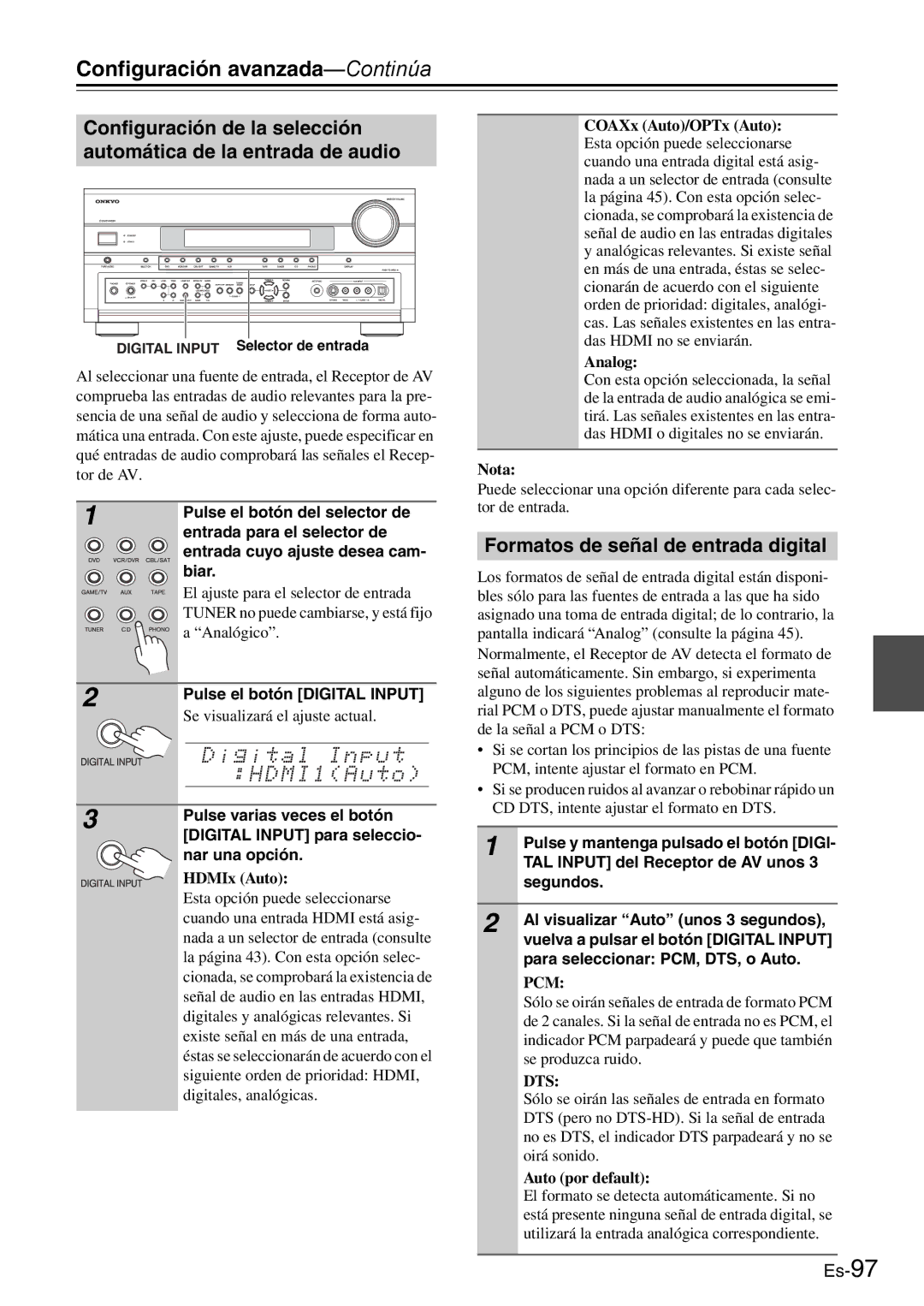 Onkyo AV Reciever manual Formatos de señal de entrada digital 