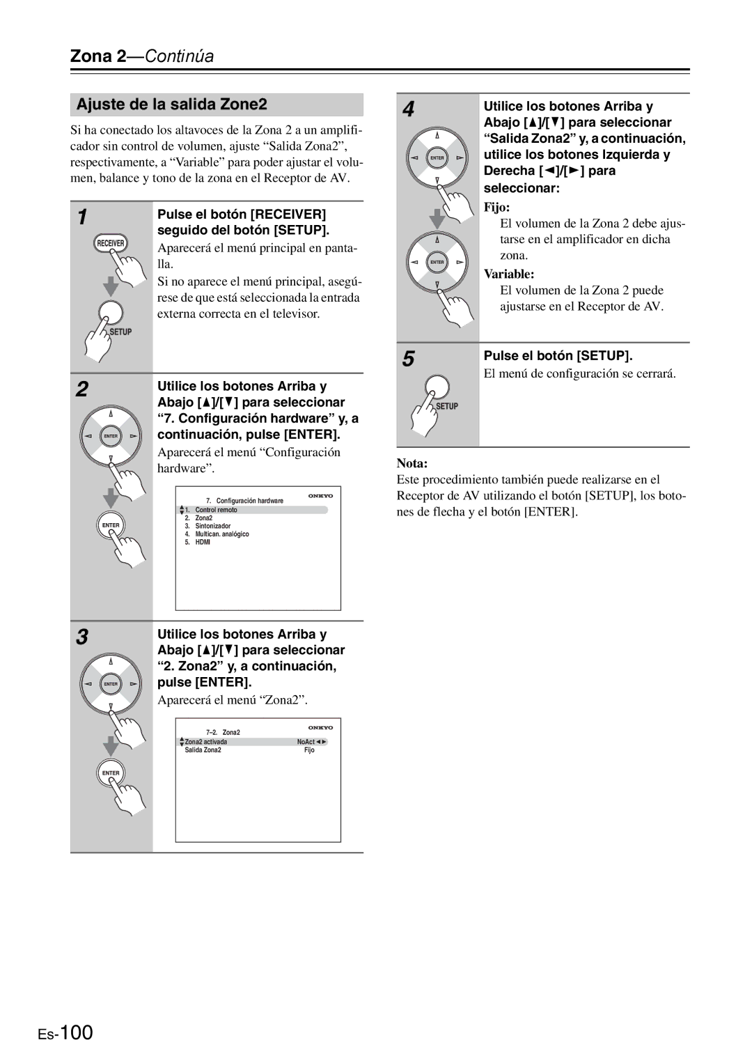 Onkyo AV Reciever manual Ajuste de la salida Zone2, Salida Zona2 y, a continuación, Derecha e/ r para 