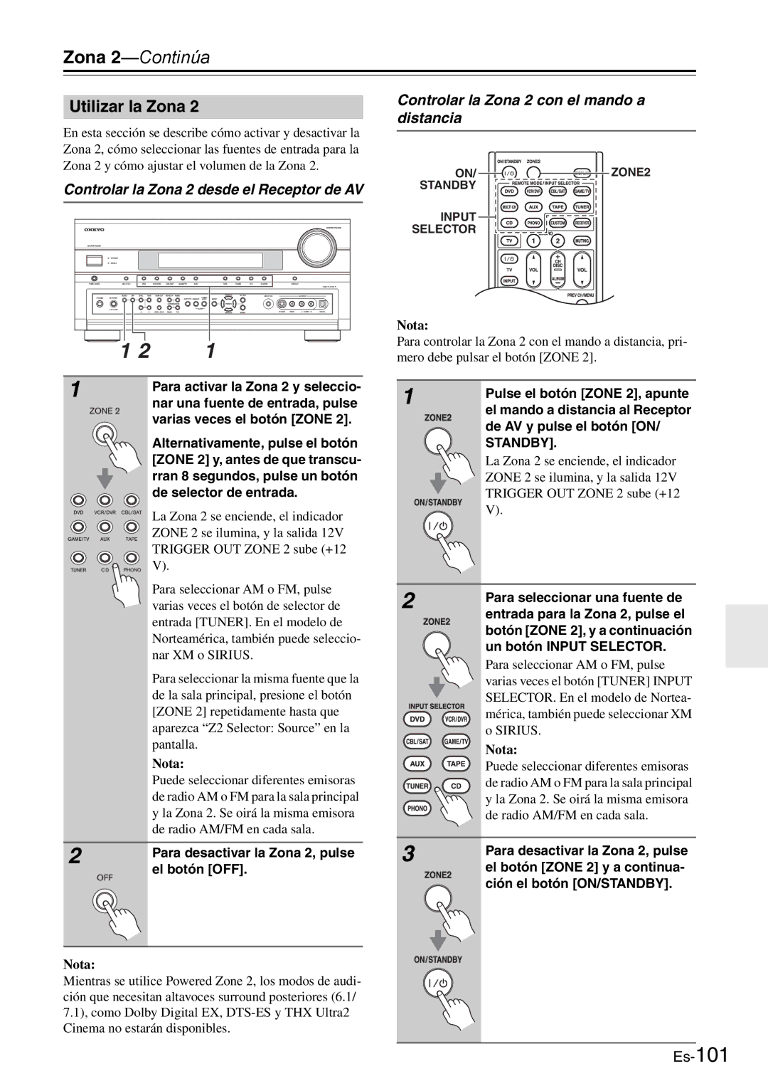 Onkyo AV Reciever manual Utilizar la Zona, Controlar la Zona 2 desde el Receptor de AV, Standby 