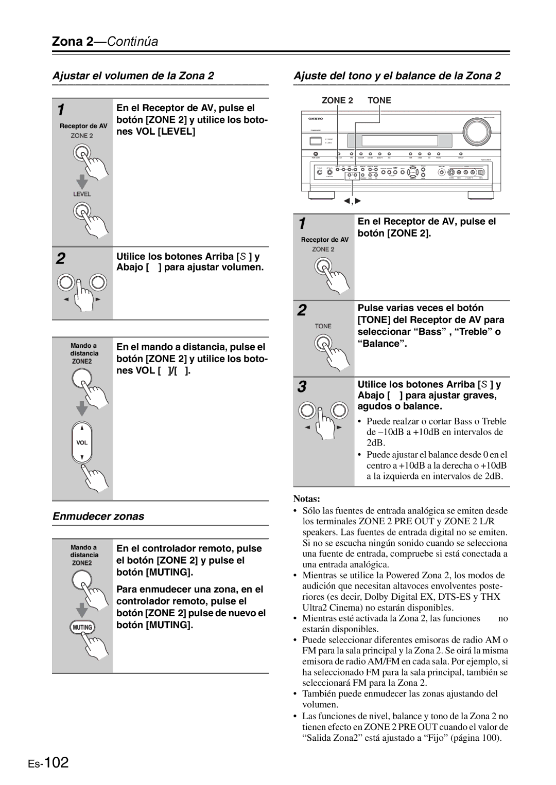 Onkyo AV Reciever manual Ajustar el volumen de la Zona, Enmudecer zonas, Ajuste del tono y el balance de la Zona 