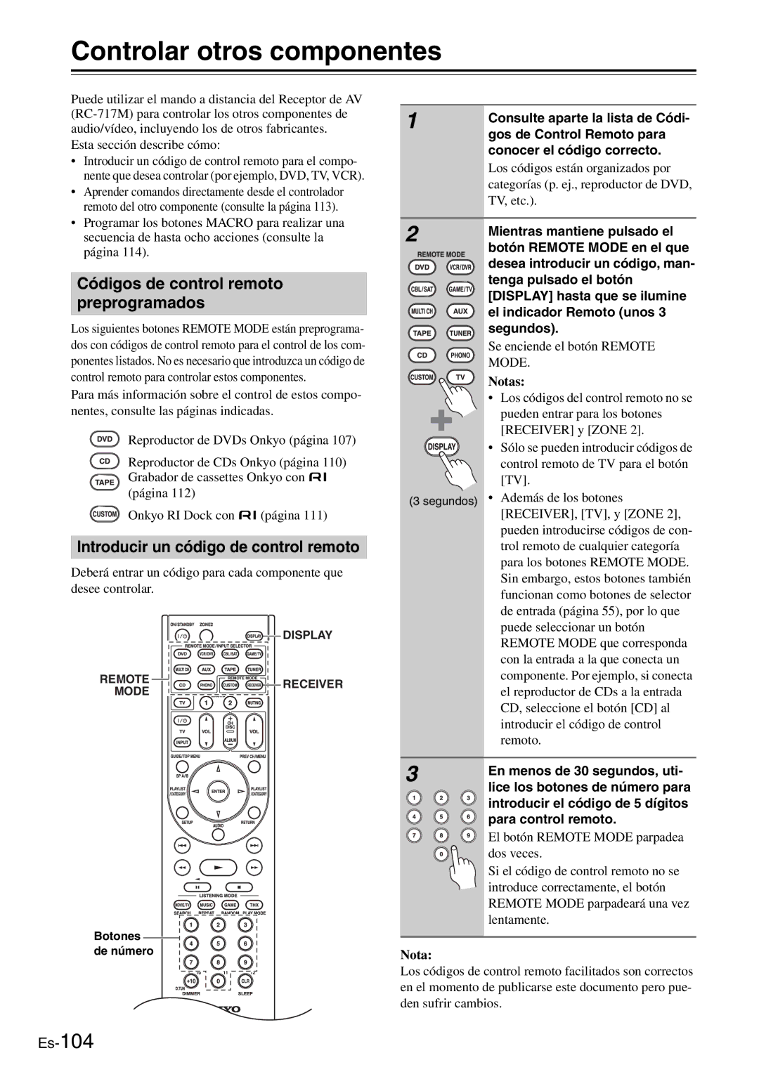 Onkyo AV Reciever manual Controlar otros componentes, Códigos de control remoto preprogramados 