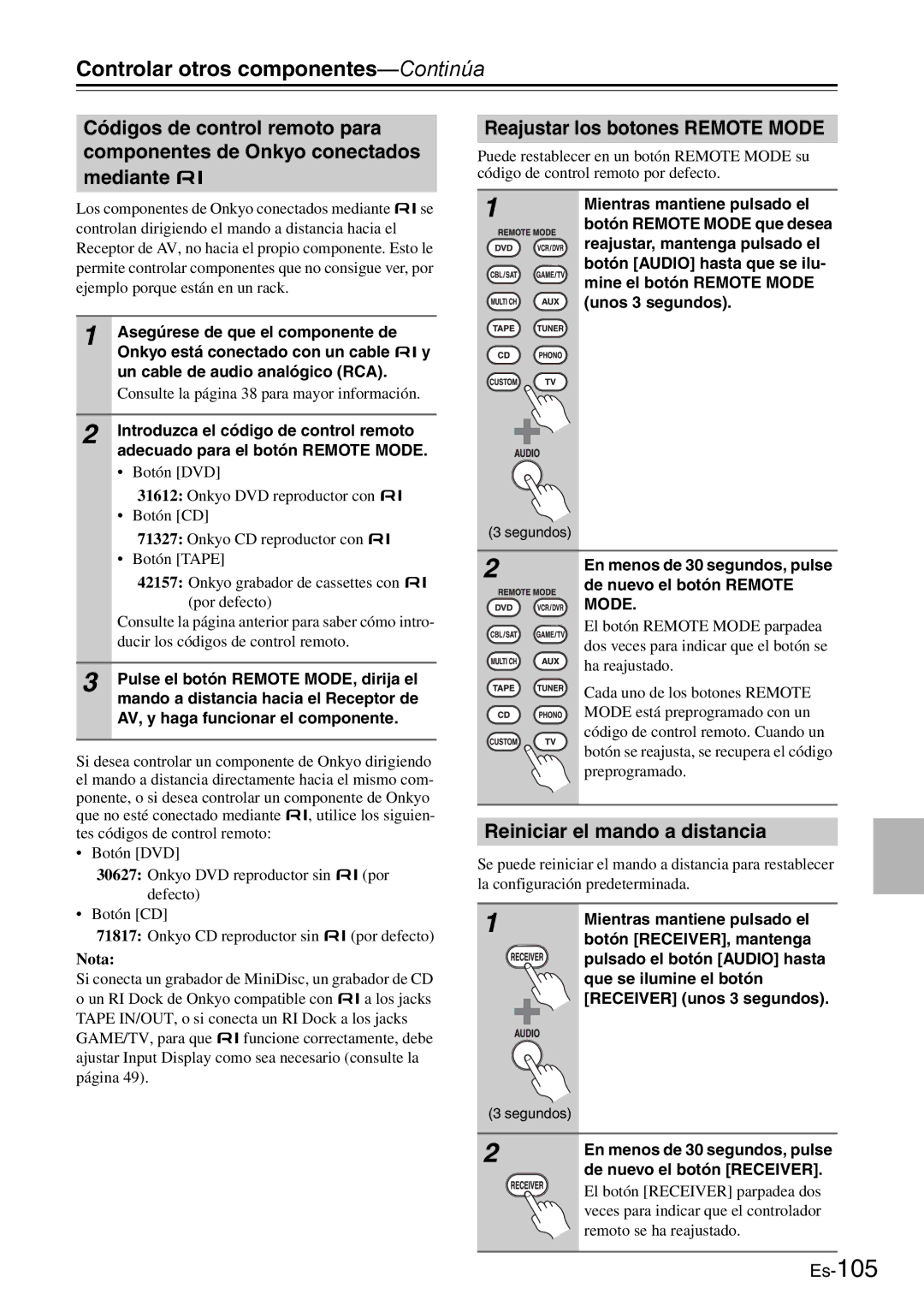 Onkyo AV Reciever Controlar otros componentes-Continúa, Reajustar los botones Remote Mode, Reiniciar el mando a distancia 