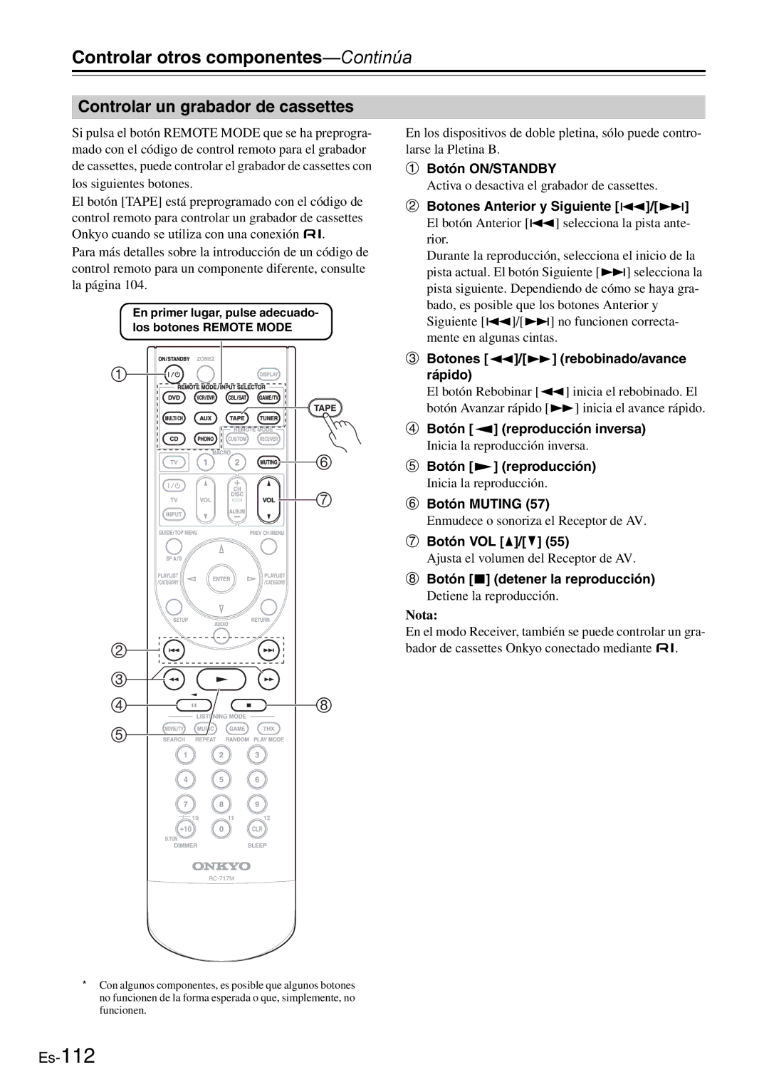 Onkyo AV Reciever manual Controlar un grabador de cassettes, Botones Anterior y Siguiente 7/6, Botón t reproducción inversa 