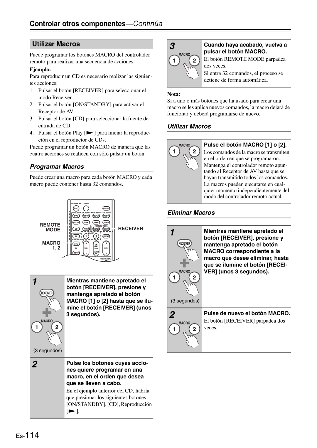 Onkyo AV Reciever manual Utilizar Macros, Programar Macros, Eliminar Macros 