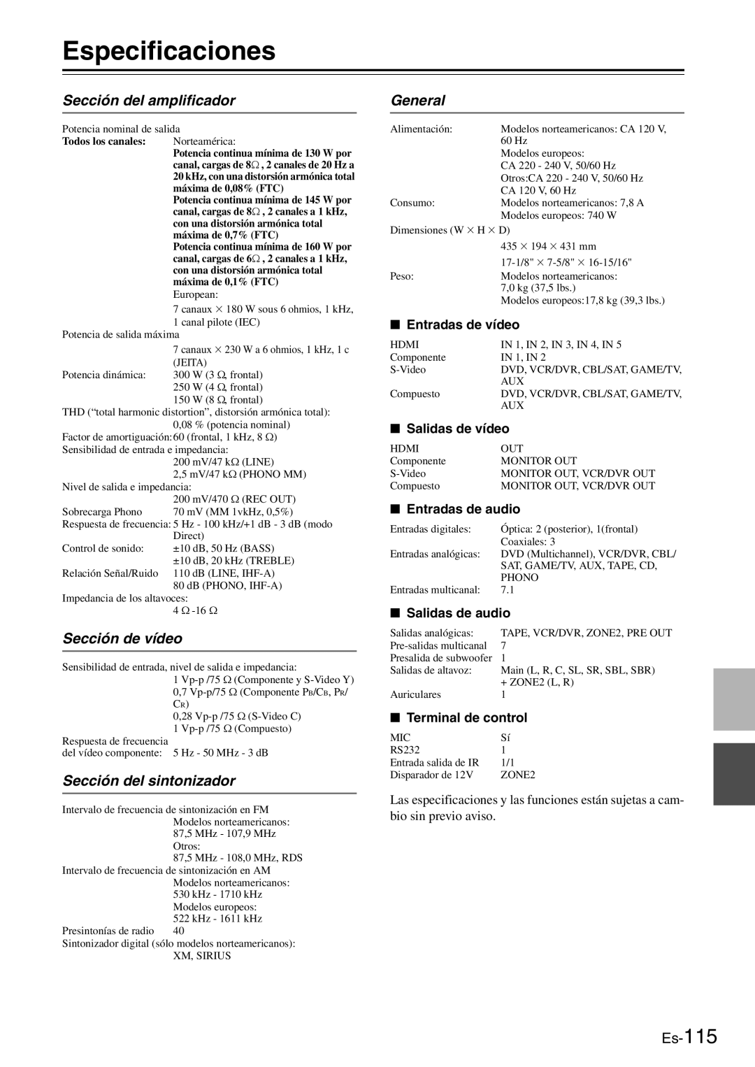 Onkyo AV Reciever manual Especificaciones, Sección del amplificador, Sección de vídeo, Sección del sintonizador, General 