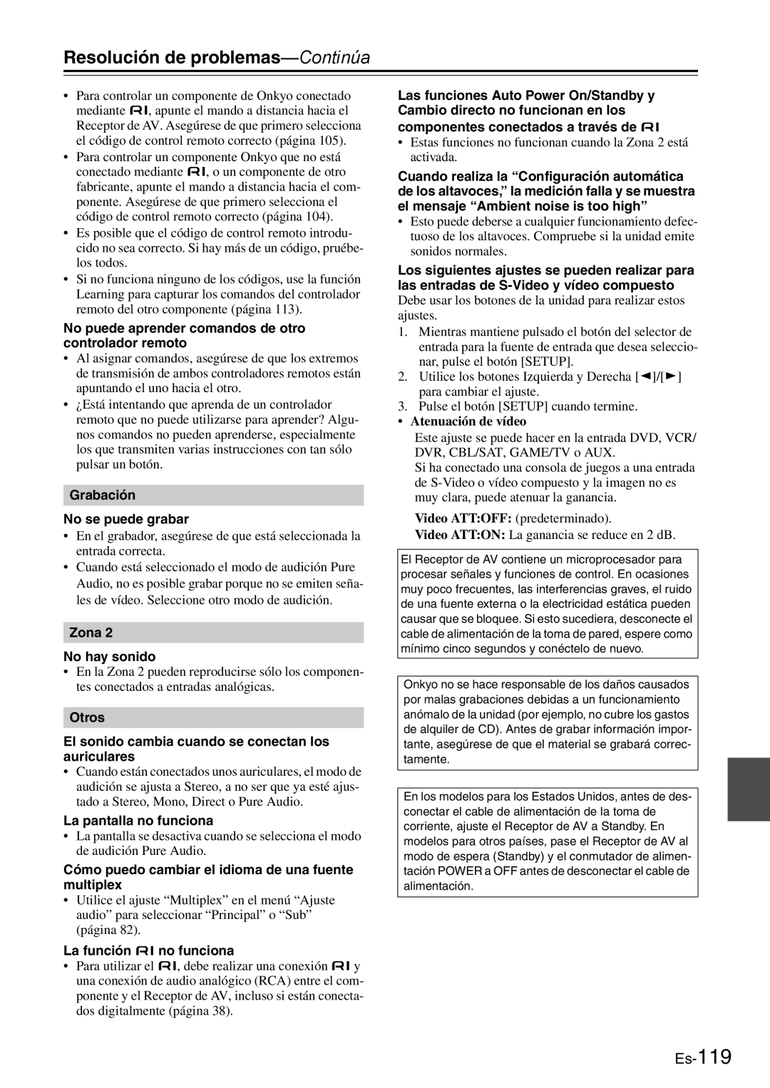 Onkyo AV Reciever No puede aprender comandos de otro controlador remoto, Grabación No se puede grabar, Zona No hay sonido 