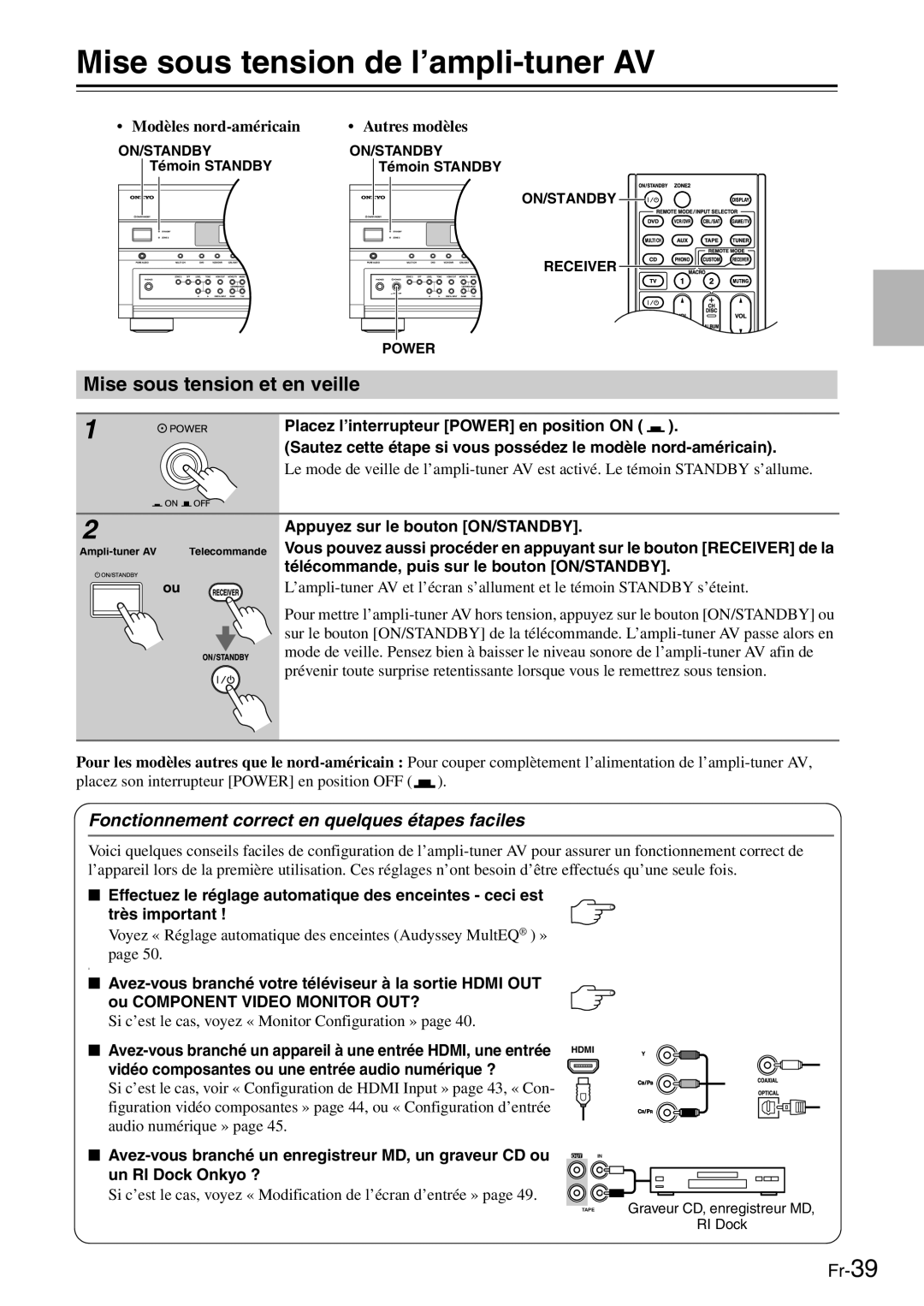 Onkyo AV Reciever manual Mise sous tension de l’ampli-tuner AV, Mise sous tension et en veille 