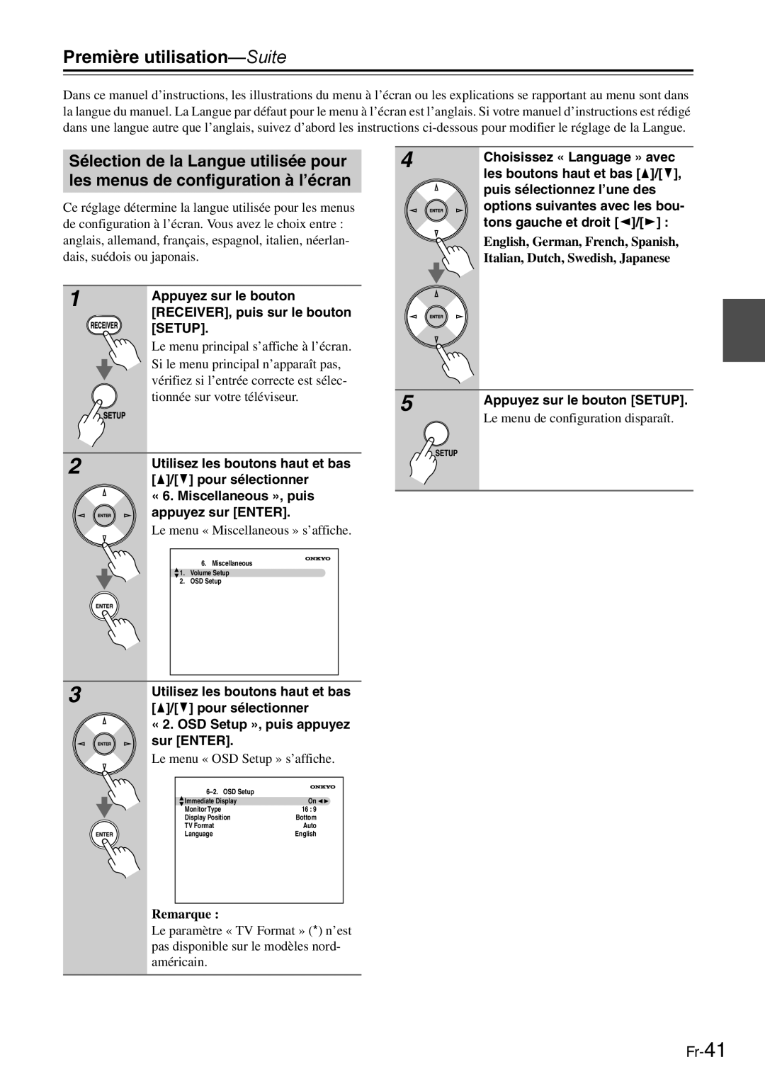 Onkyo AV Reciever manual Première utilisation-Suite, Setup 