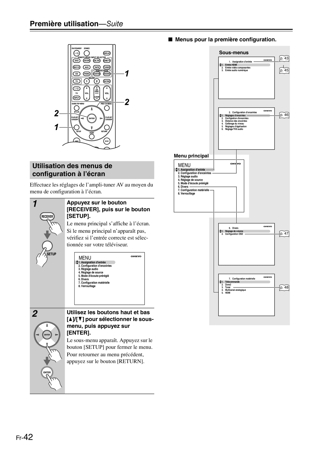 Onkyo AV Reciever manual Utilisation des menus de configuration à l’écran, Menus pour la première configuration 