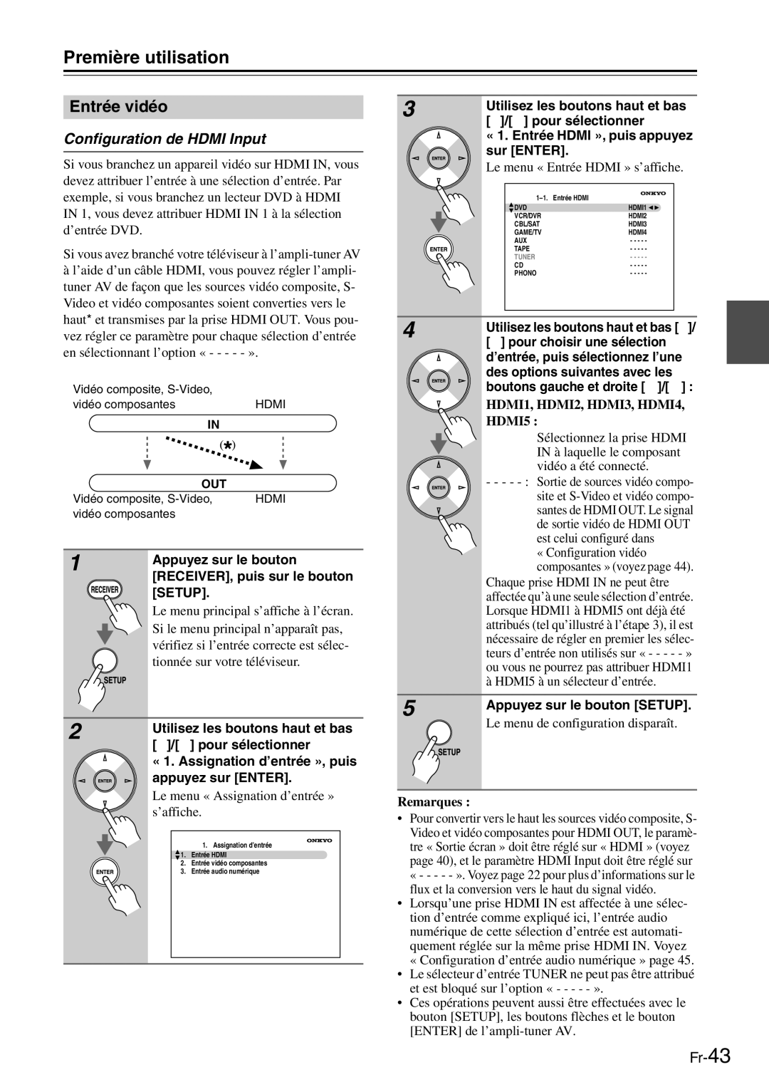 Onkyo AV Reciever Entrée vidéo, Configuration de Hdmi Input, « 1. Assignation d’entrée », puis, Pour choisir une sélection 