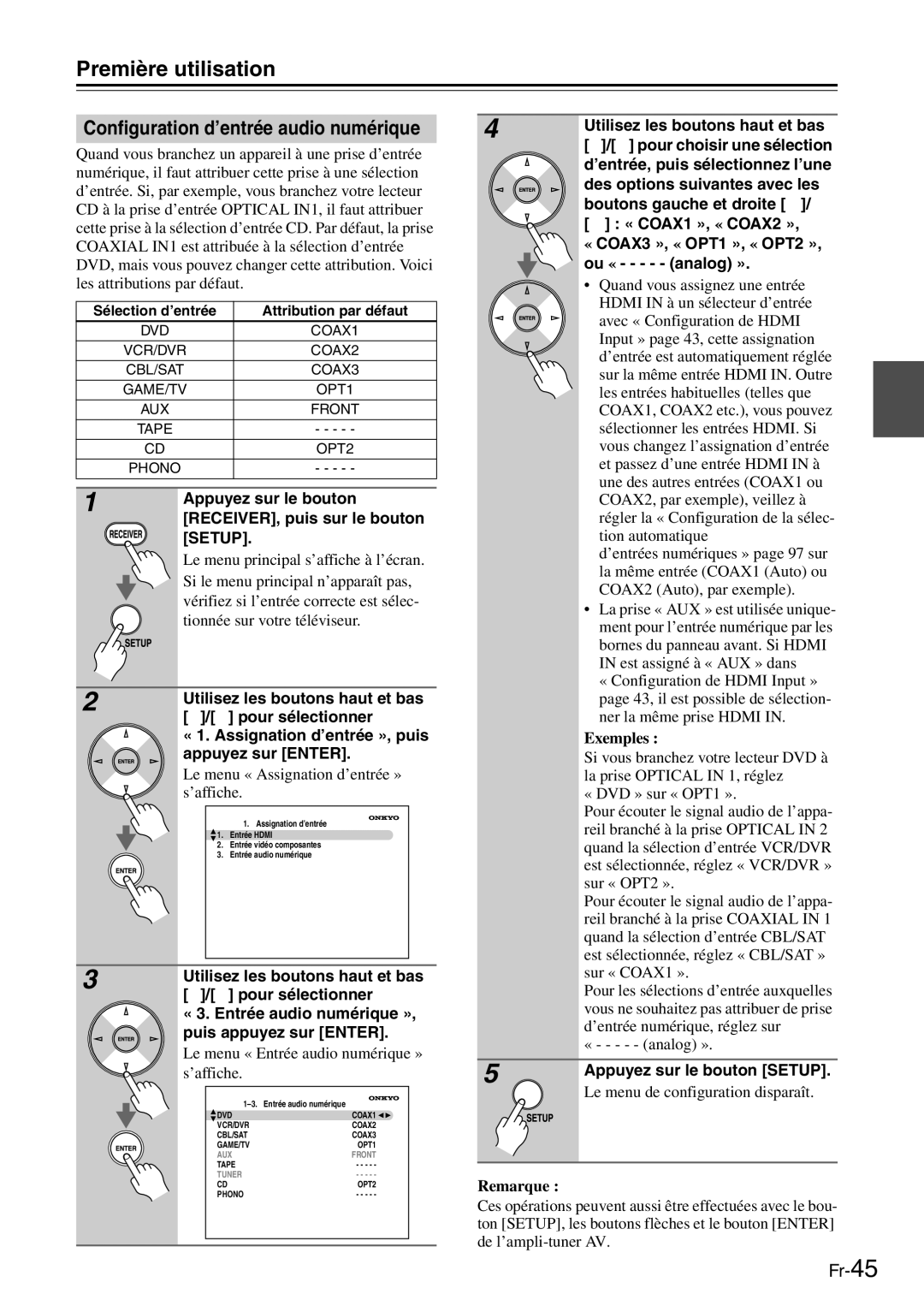 Onkyo AV Reciever manual Configuration d’entrée audio numérique, « 3. Entrée audio numérique », Puis appuyez sur Enter 