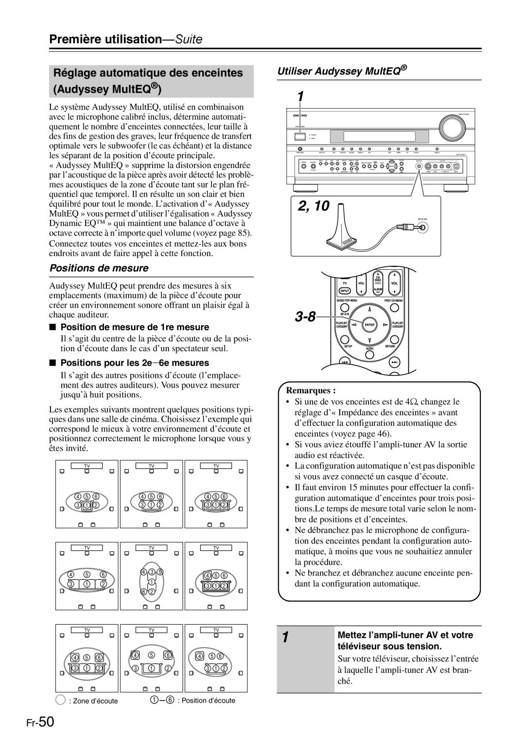 Onkyo AV Reciever manual Réglage automatique des enceintes Audyssey MultEQ, Positions de mesure, Utiliser Audyssey MultEQ 