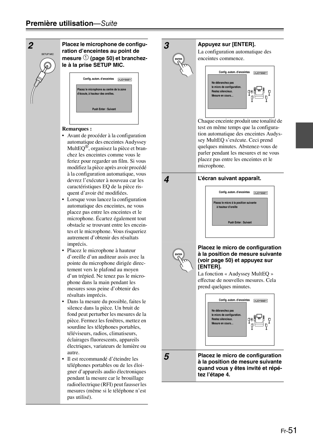 Onkyo AV Reciever manual Placez le microphone de configu, Ration d’enceintes au point de, Mesure 1 page 50 et branchez 