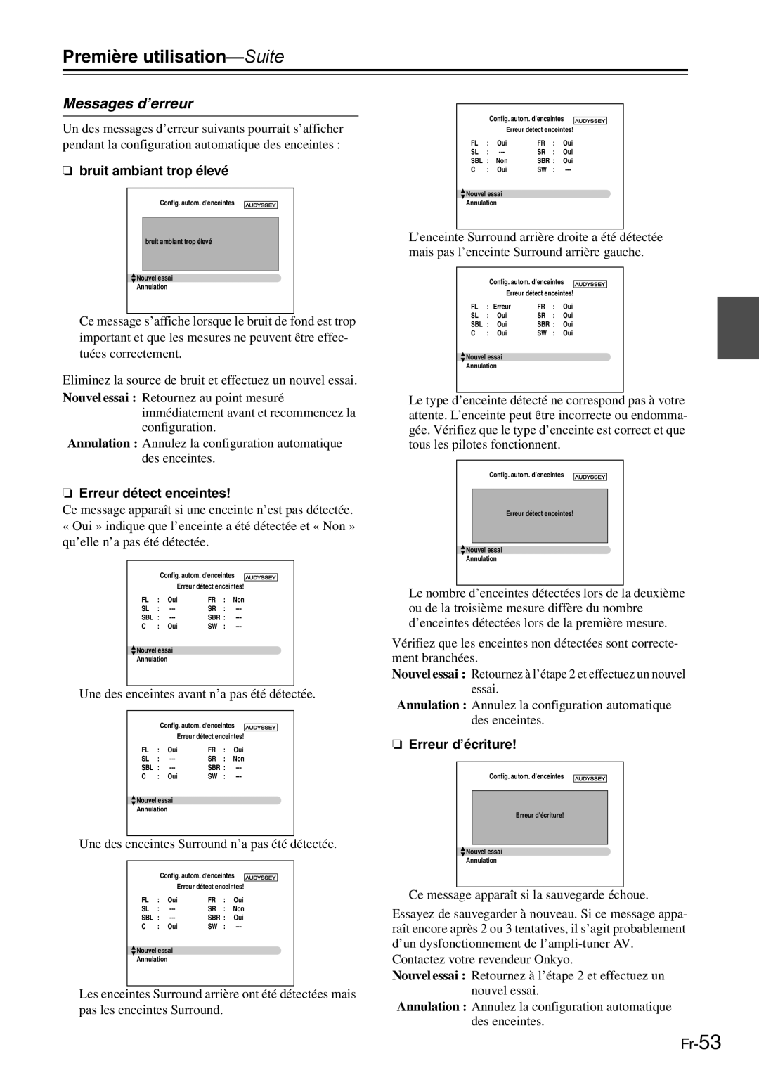 Onkyo AV Reciever manual Messages d’erreur, Bruit ambiant trop élevé, Erreur détect enceintes, Erreur d’écriture 