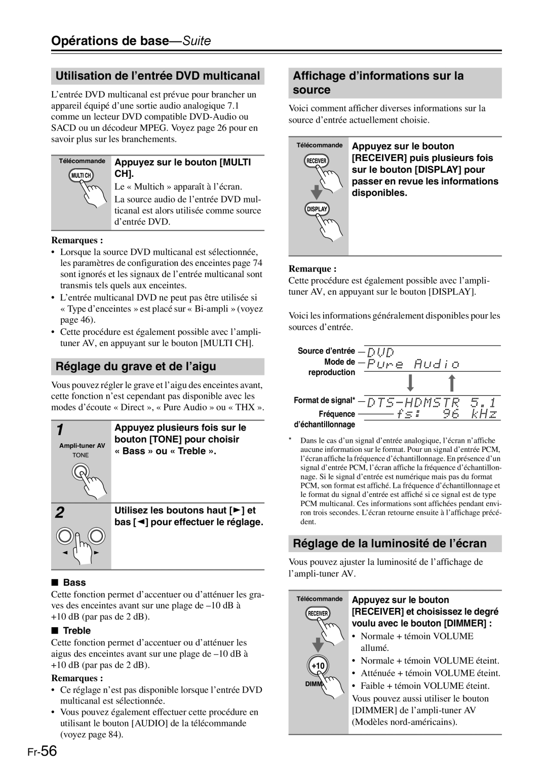 Onkyo AV Reciever manual Opérations de base-Suite, Utilisation de l’entrée DVD multicanal, Réglage du grave et de l’aigu 