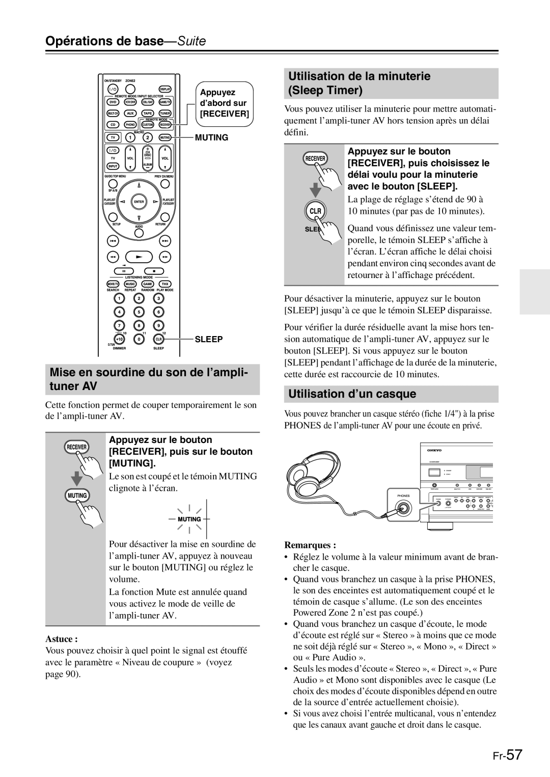 Onkyo AV Reciever manual Mise en sourdine du son de l’ampli- tuner AV, Utilisation de la minuterie Sleep Timer, Astuce 