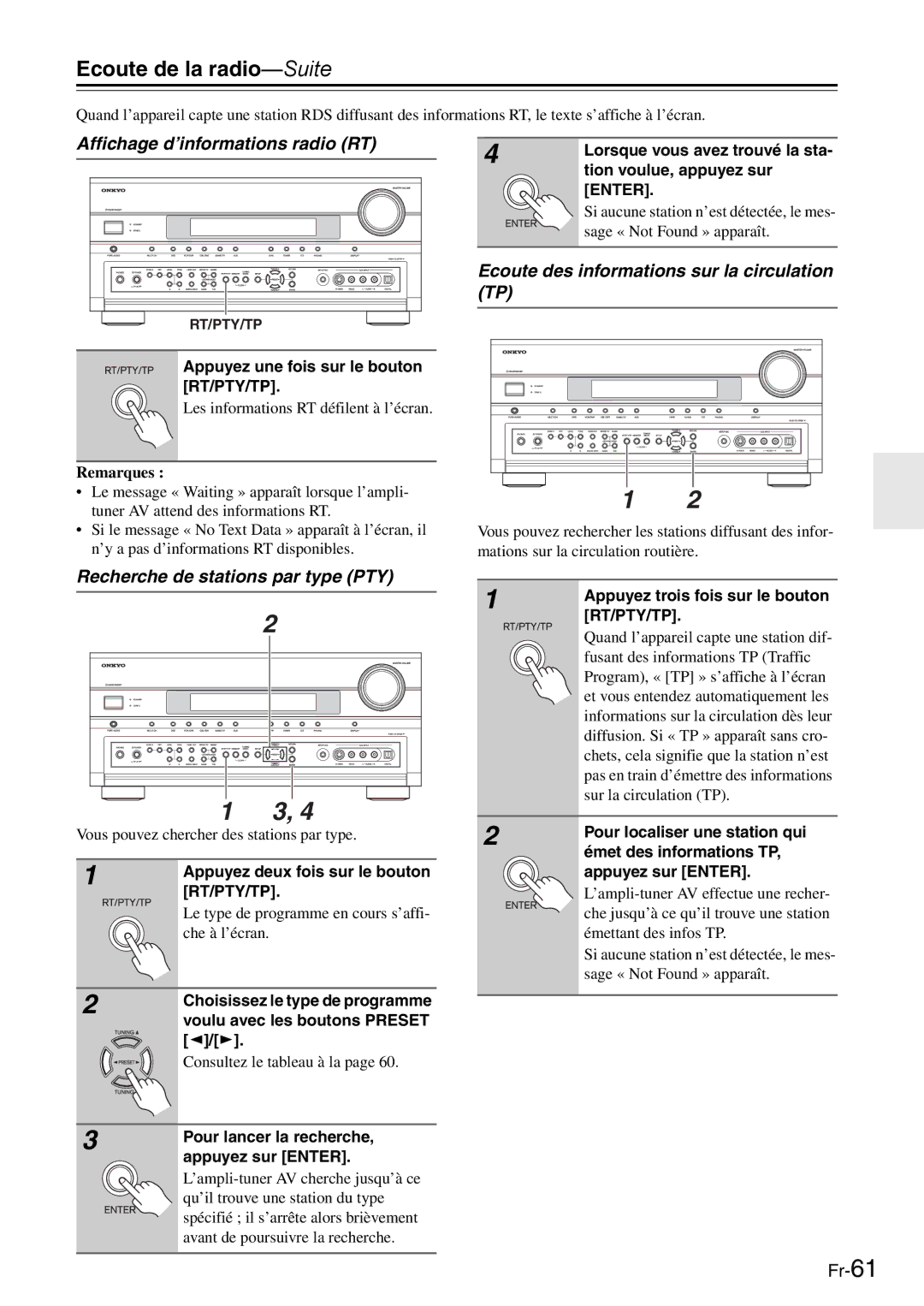 Onkyo AV Reciever manual Affichage d’informations radio RT, Ecoute des informations sur la circulation TP, Rt/Pty/Tp 